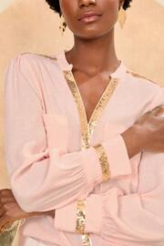 Love & Roses Pink and Gold Sequin Trim V Neck Blouse - Image 3 of 4