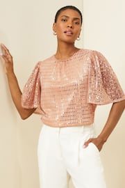 Love & Roses Rose Gold Jersey Flutter Sleeve Tie Bow Back Top - Image 1 of 4
