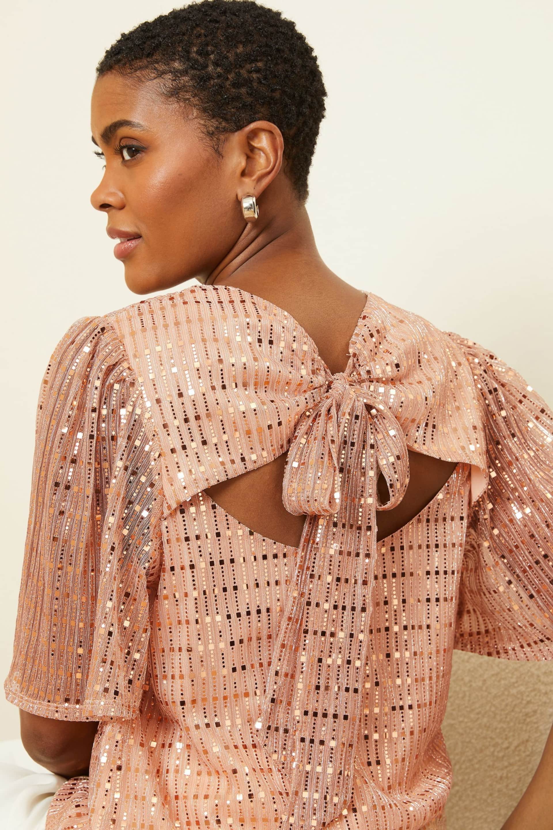 Love & Roses Rose Gold Jersey Flutter Sleeve Tie Bow Back Top - Image 2 of 4