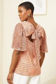 Love & Roses Rose Gold Jersey Flutter Sleeve Tie Bow Back Top - Image 4 of 4