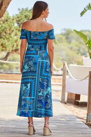 Sosandar Blue Bardot Tie Front Fit And Flare Dress - Image 2 of 5
