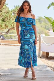 Sosandar Blue Bardot Tie Front Fit And Flare Dress - Image 3 of 5