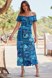 Sosandar Blue Bardot Tie Front Fit And Flare Dress - Image 4 of 5