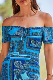 Sosandar Blue Bardot Tie Front Fit And Flare Dress - Image 5 of 5