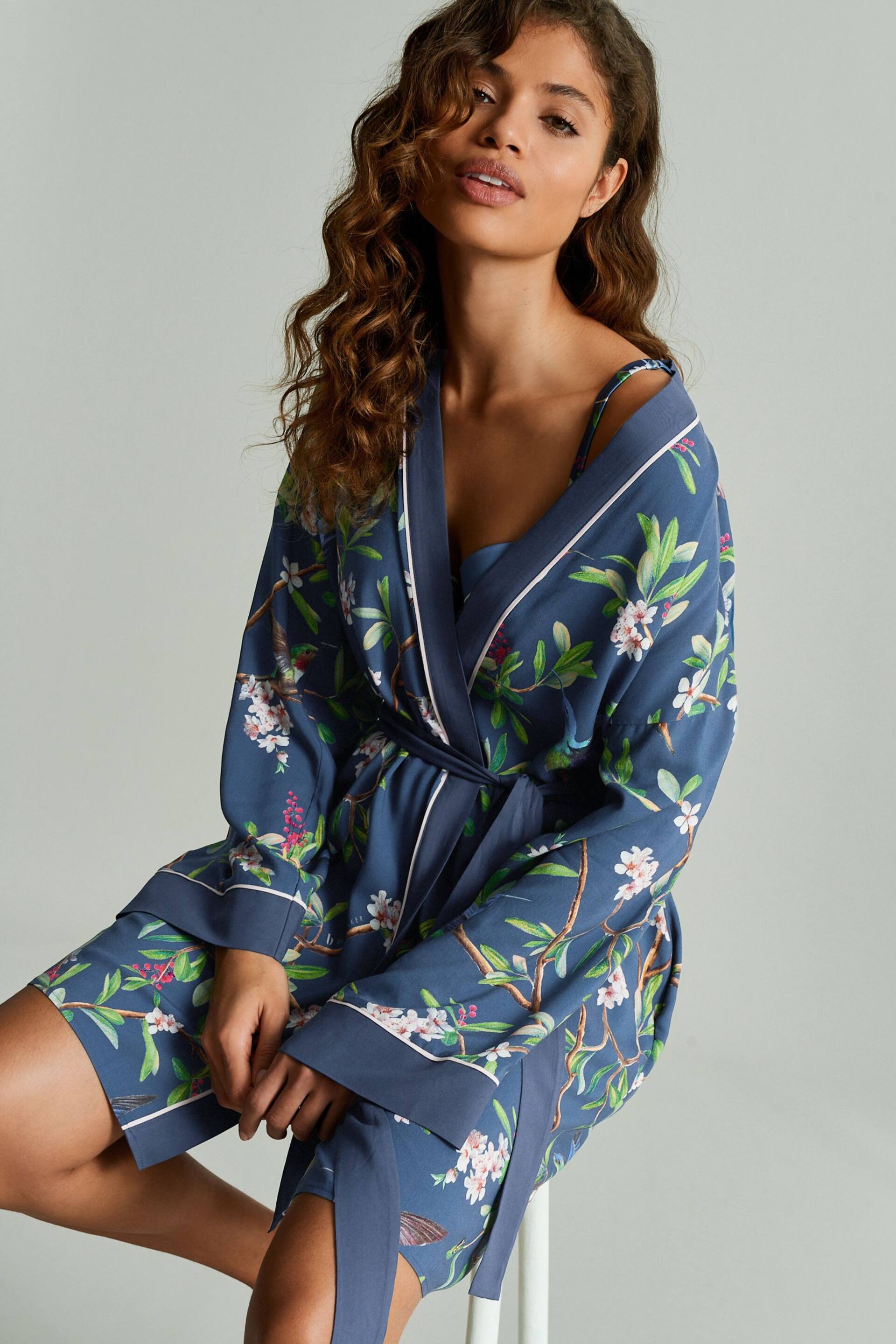 B by Ted Baker Charcoal Navy Bird Viscose Robe - Image 5 of 12