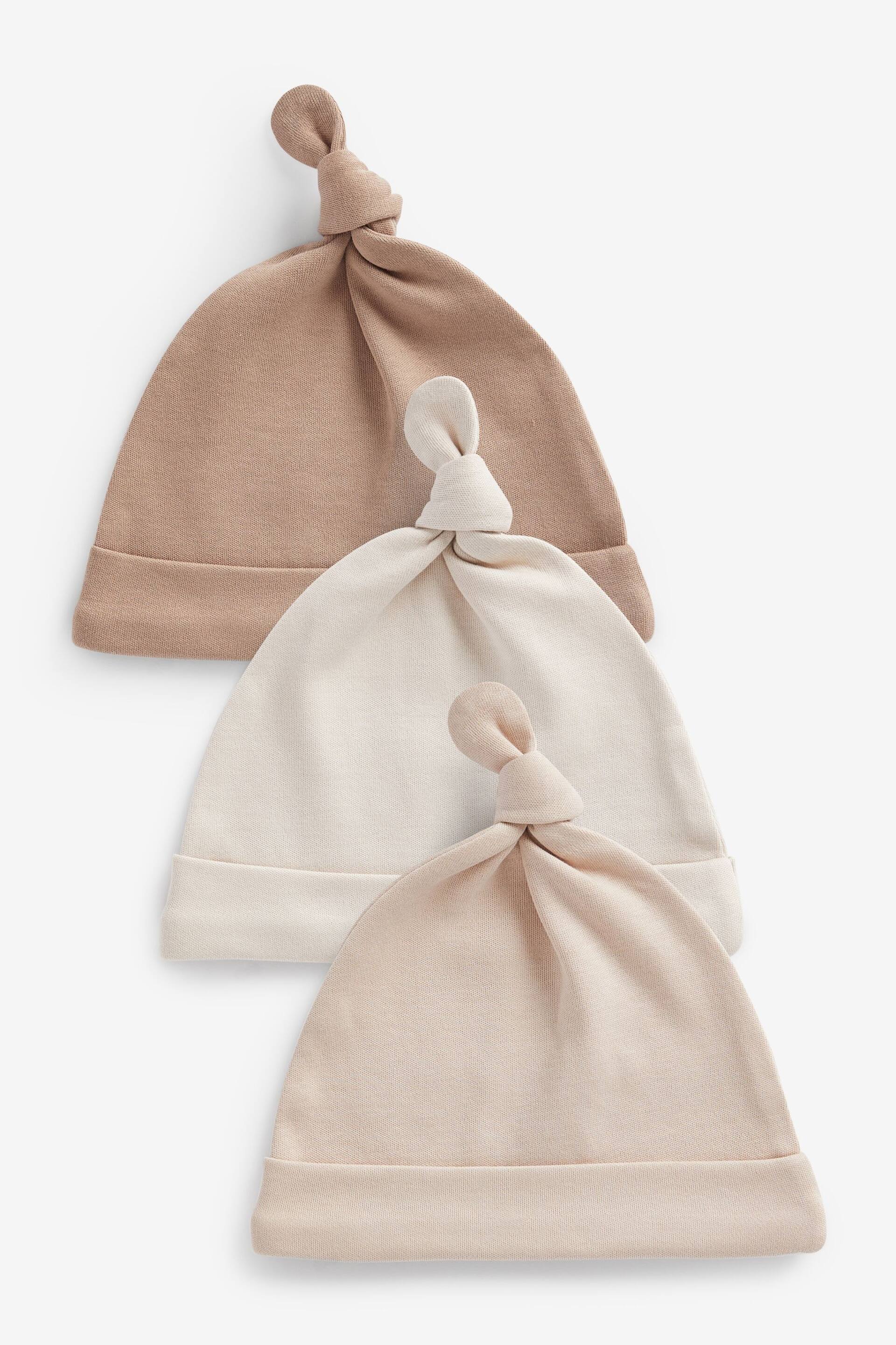 Neutral 3 Pack Tie Top Baby Hats (0-12mths) - Image 1 of 2