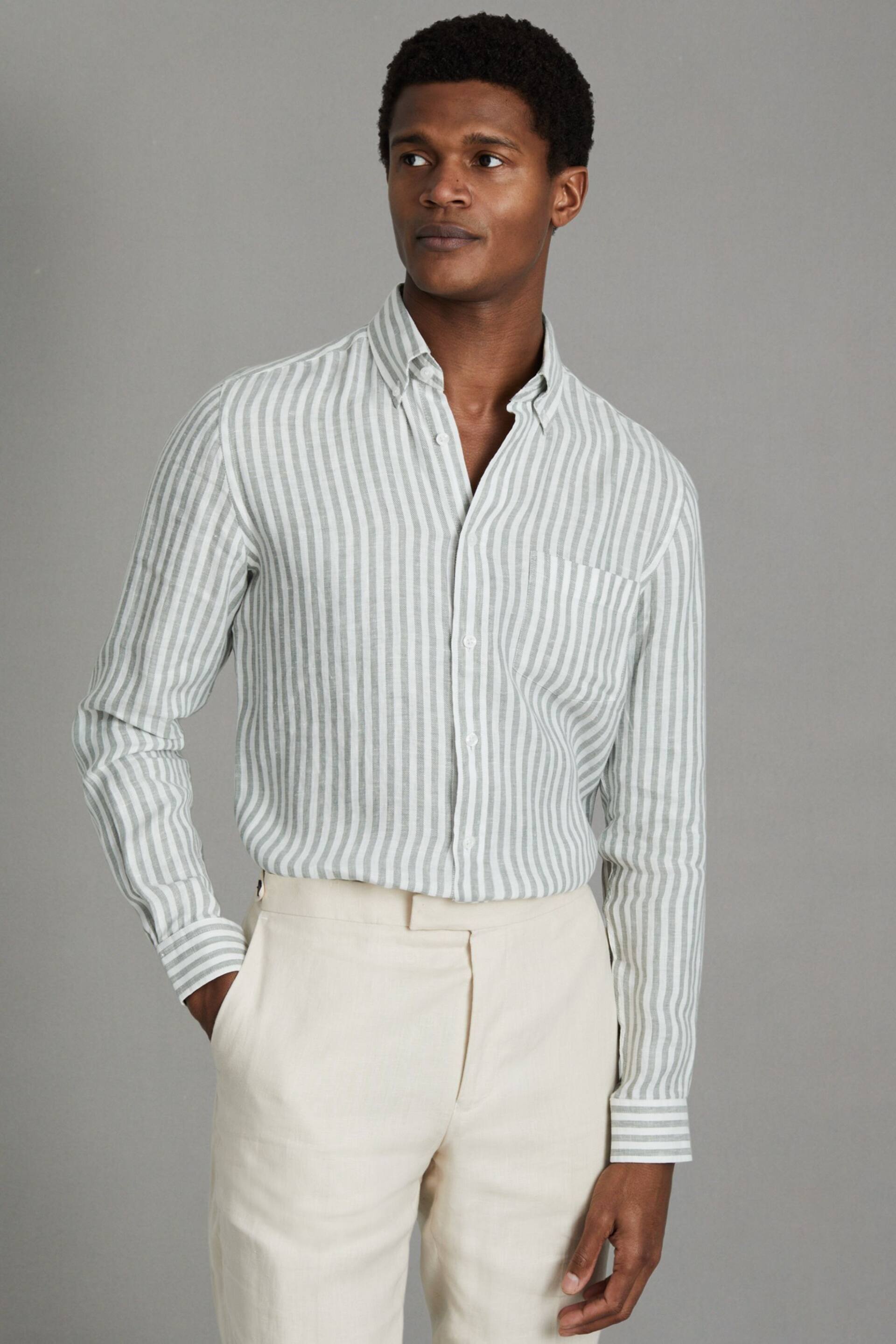 Reiss Sage Bengal Stripe Queens Linen Button-Down Collar Shirt - Image 1 of 6