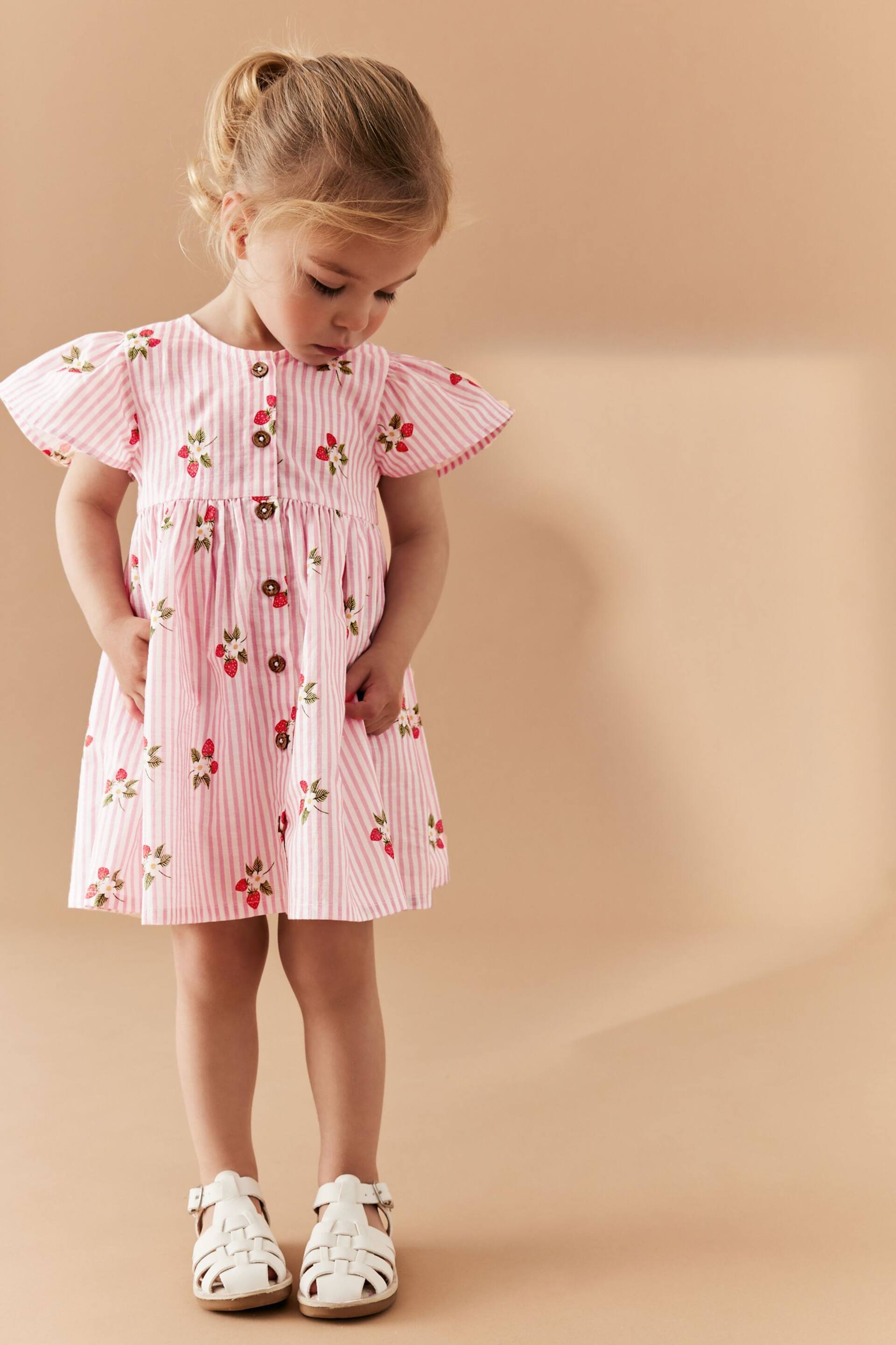 Pink Strawberry Stripe Cotton Button Up Dress (3mths-8yrs) - Image 3 of 7