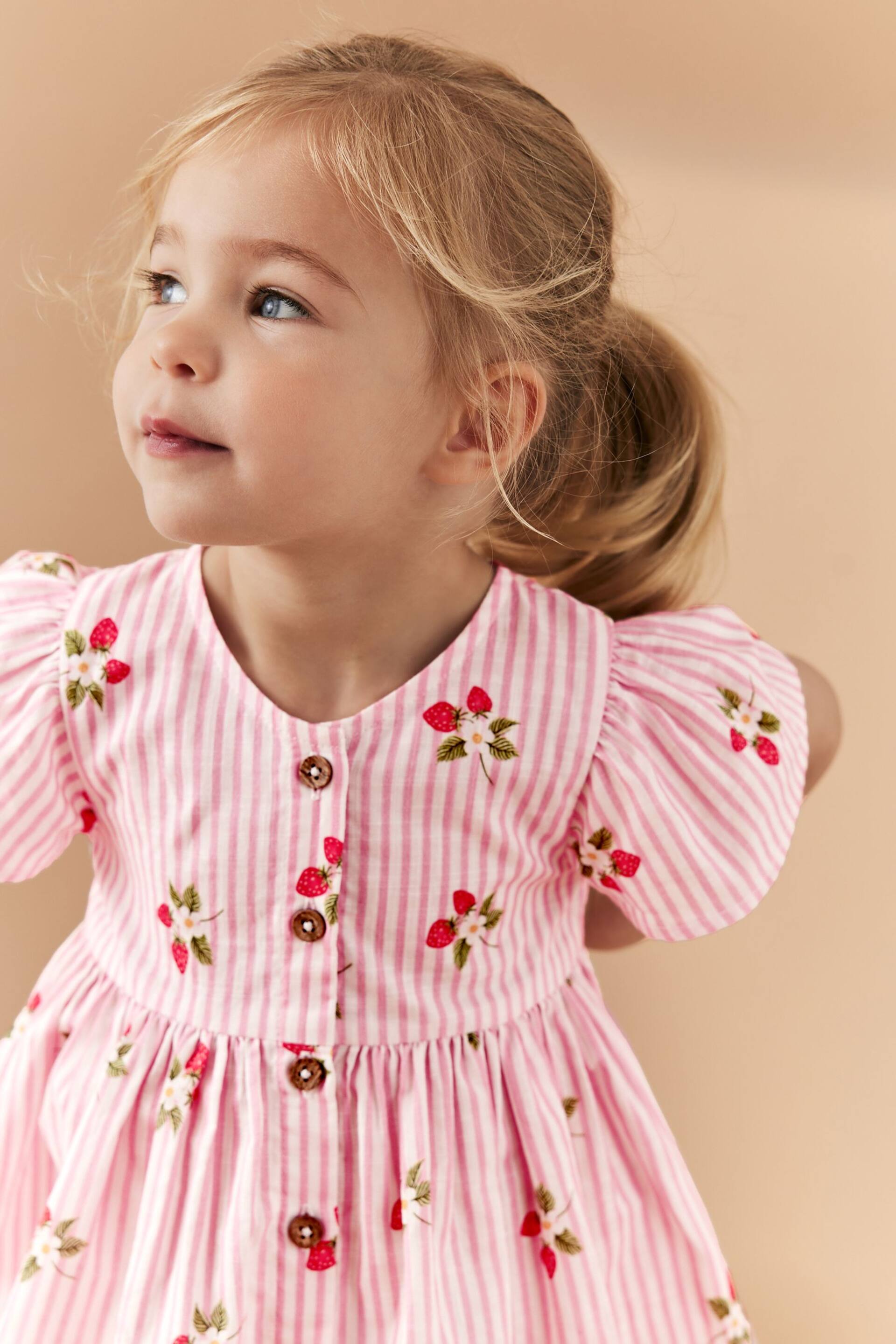 Pink Strawberry Stripe Cotton Button Up Dress (3mths-8yrs) - Image 4 of 7