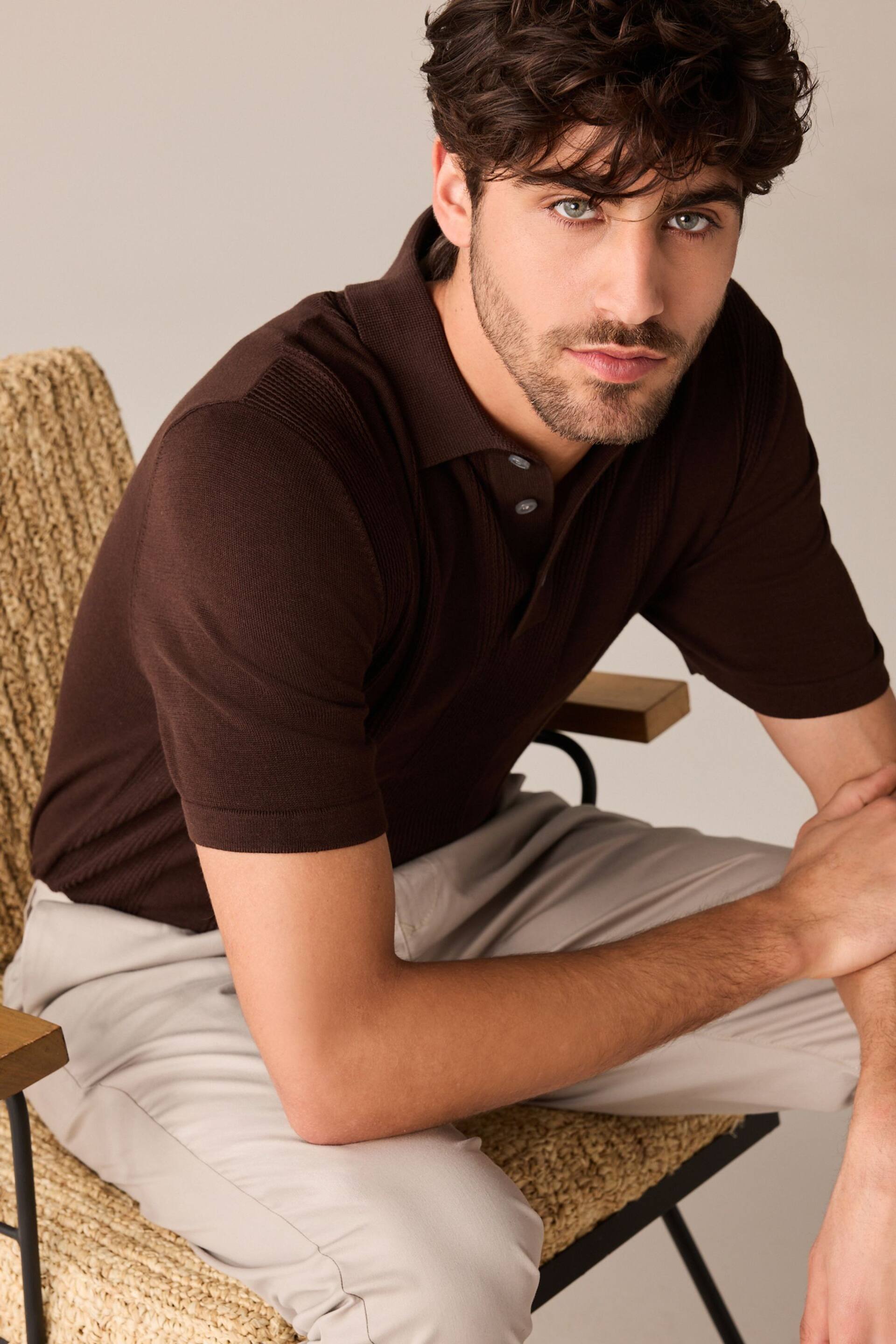 Brown Knitted Regular Fit Textured Stripe Polo Shirt - Image 3 of 8