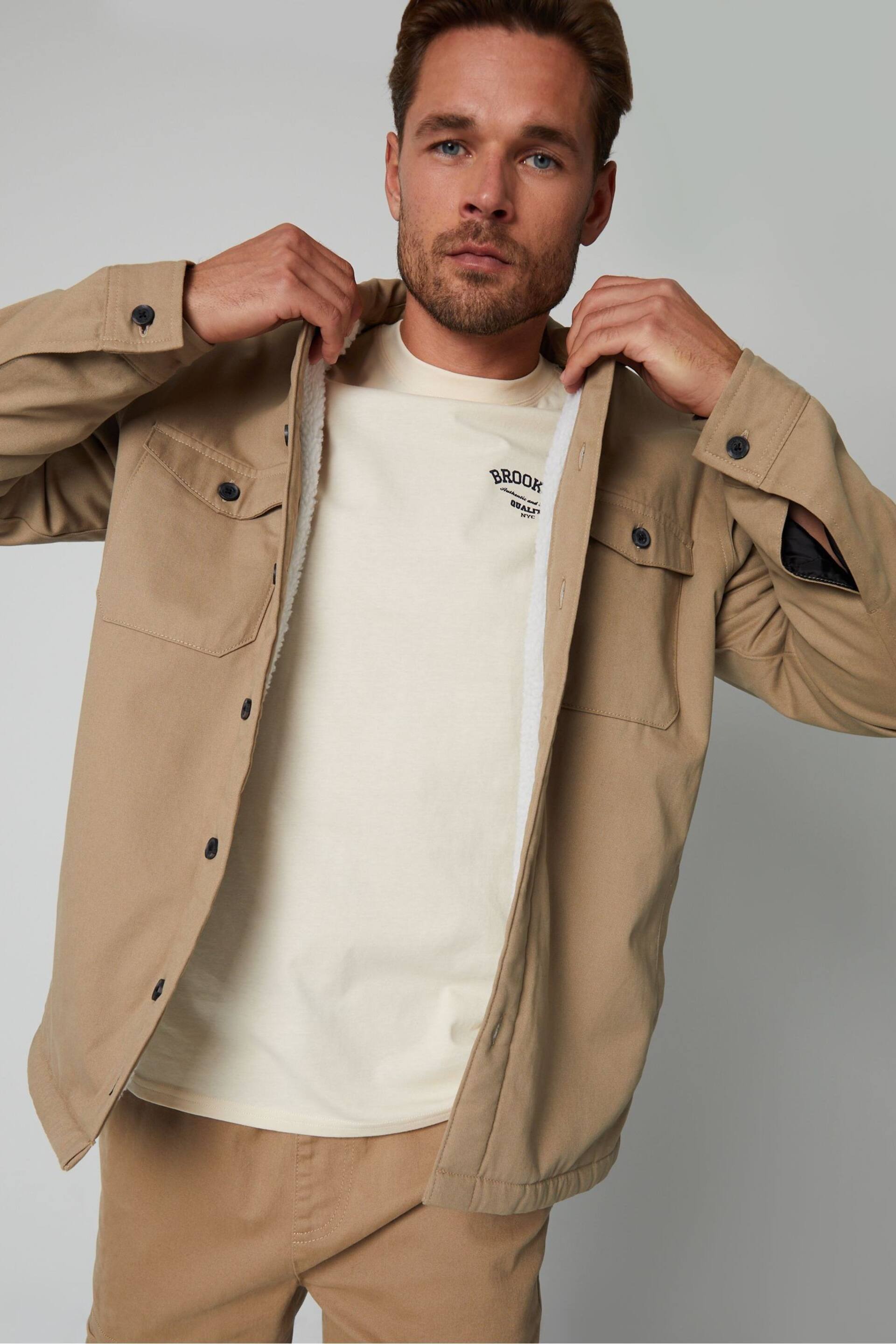 Threadbare Stone Borg Lined Cotton Overshirt - Image 3 of 4