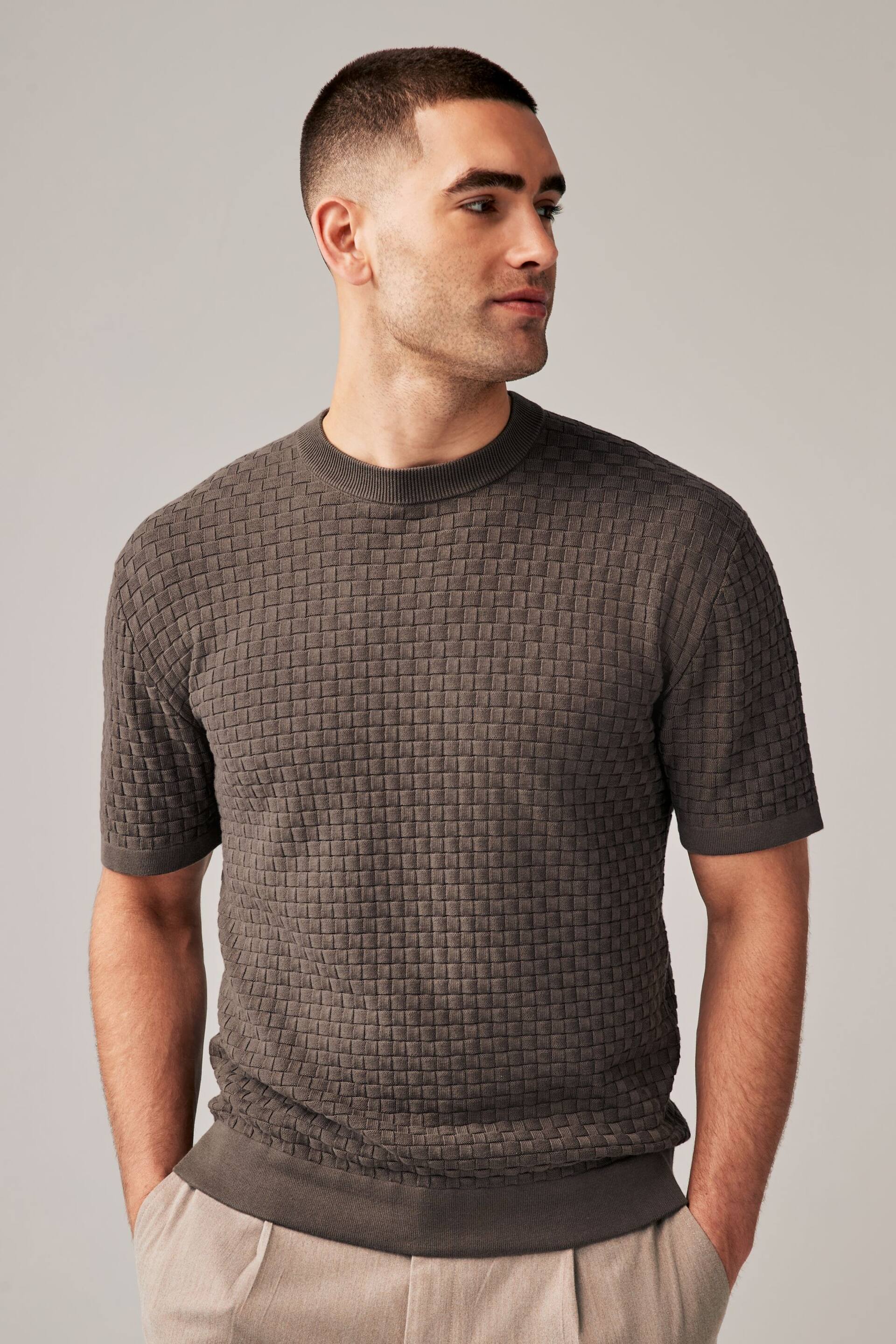 Brown Knitted Textured Relaxed Fit Crew - Image 3 of 3