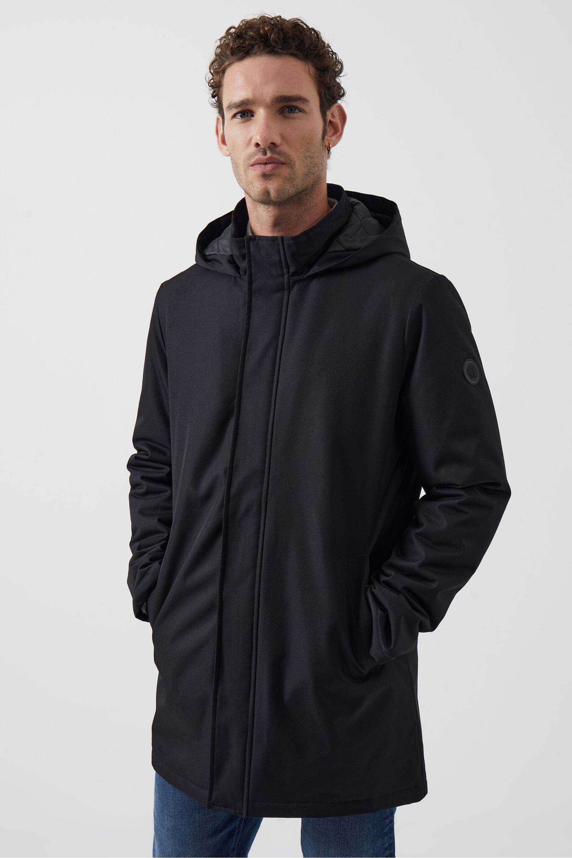 French Connection Black Hooded Trench Coat - Image 1 of 2