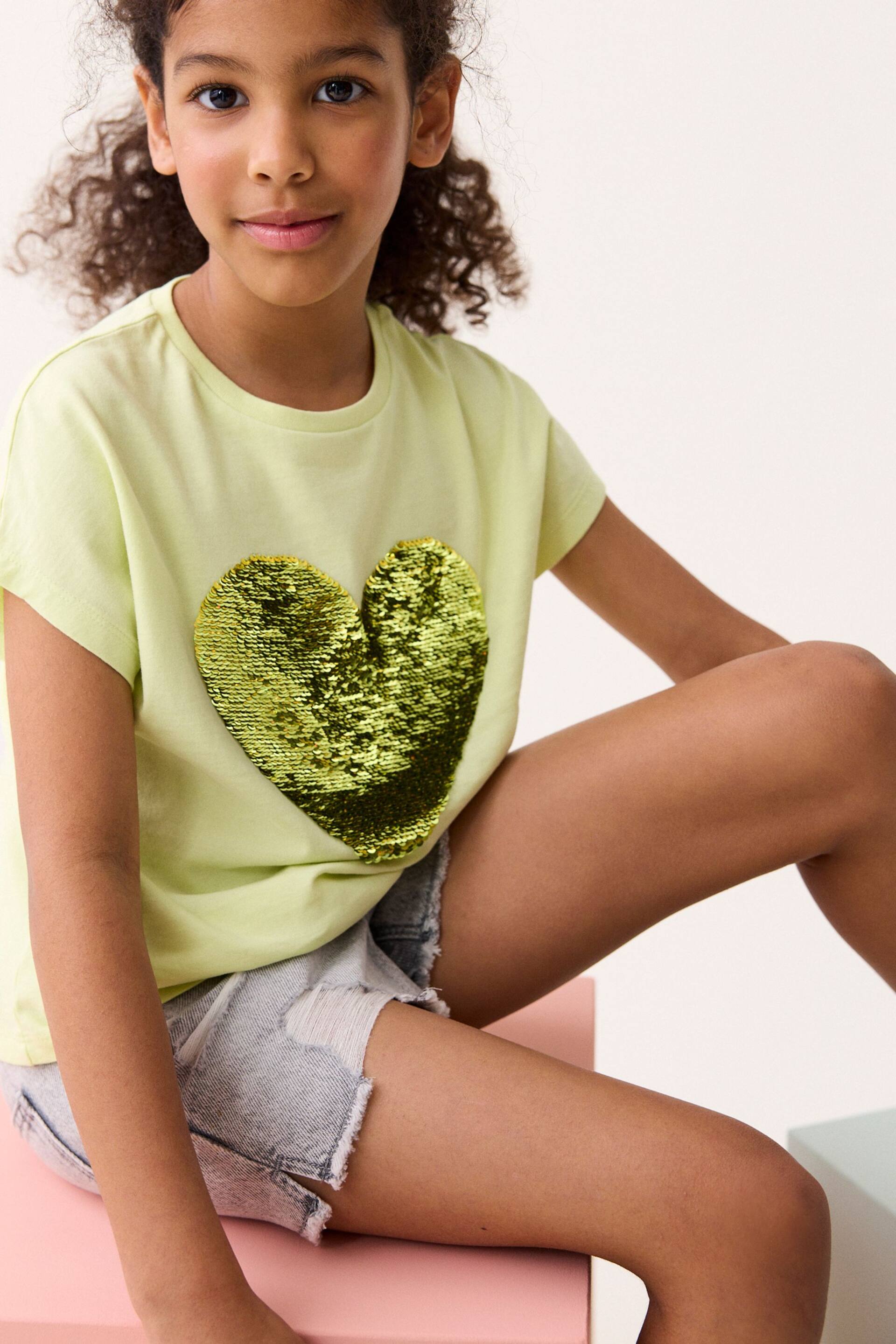 Lime Green Heart Sequin T-Shirt (3-16yrs) - Image 2 of 7
