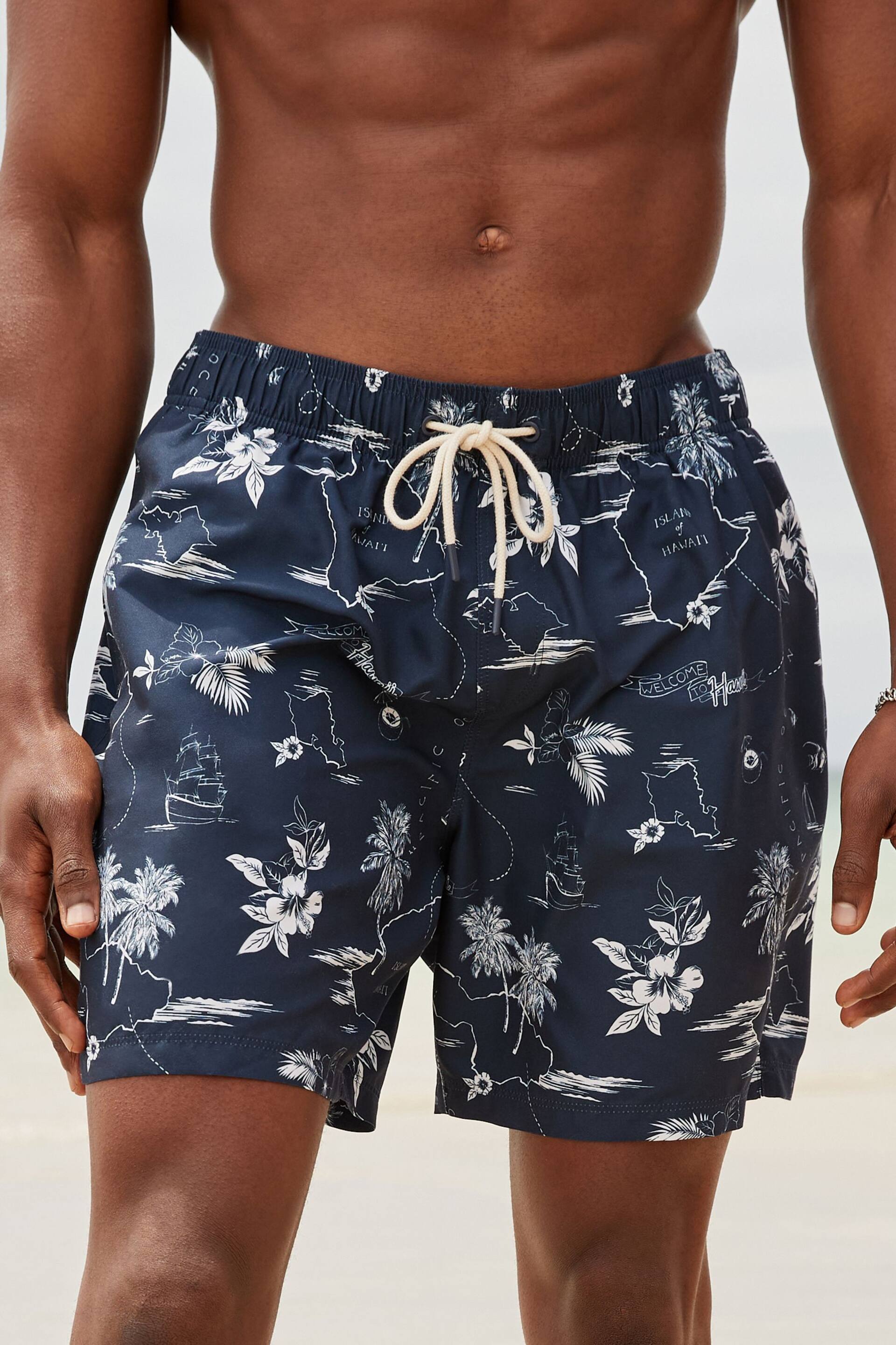 Navy Blue Hawaiian Relaxed Fit Printed Swim Shorts - Image 1 of 11
