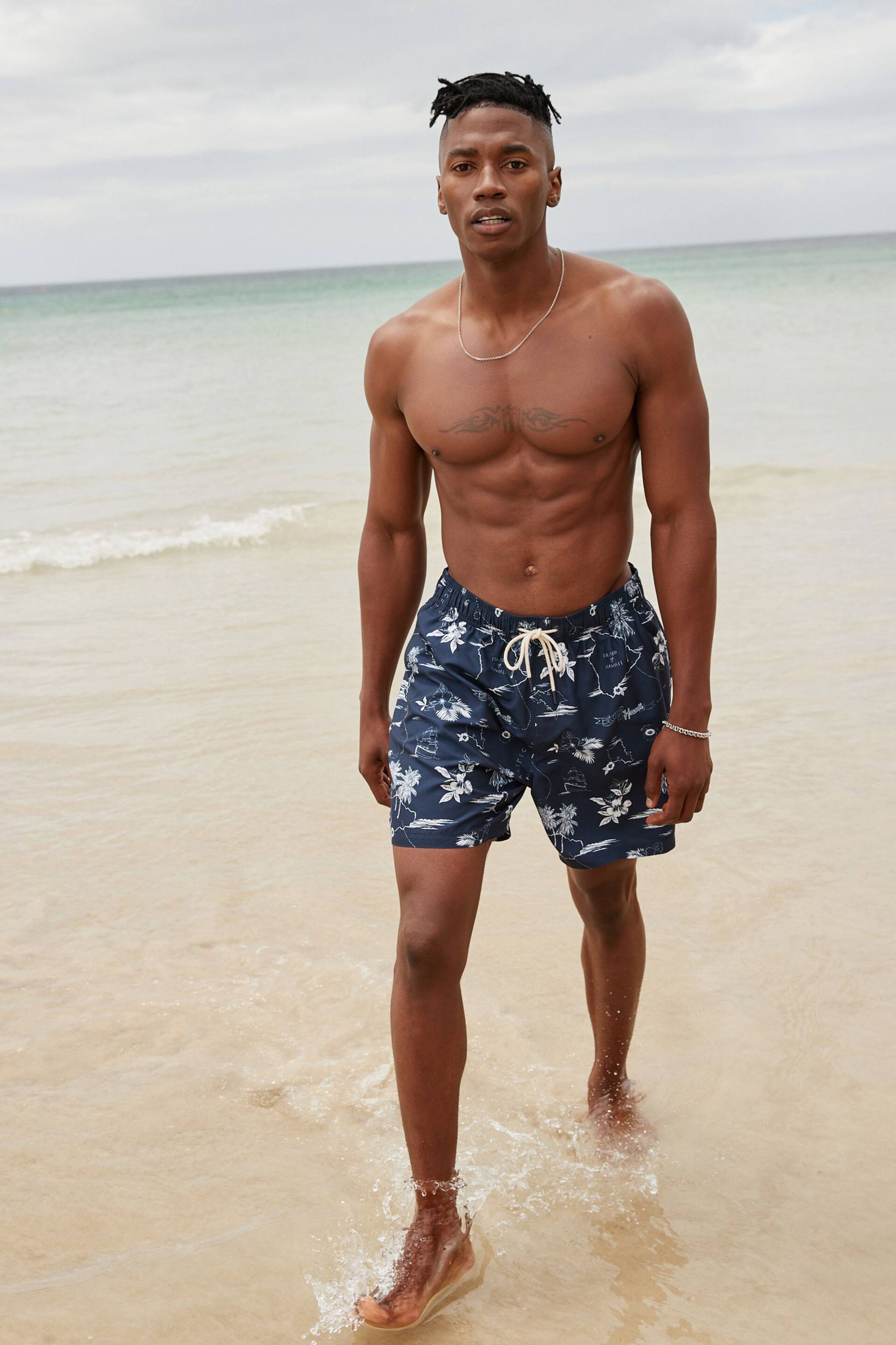 Navy Blue Hawaiian Relaxed Fit Printed Swim Shorts - Image 2 of 11