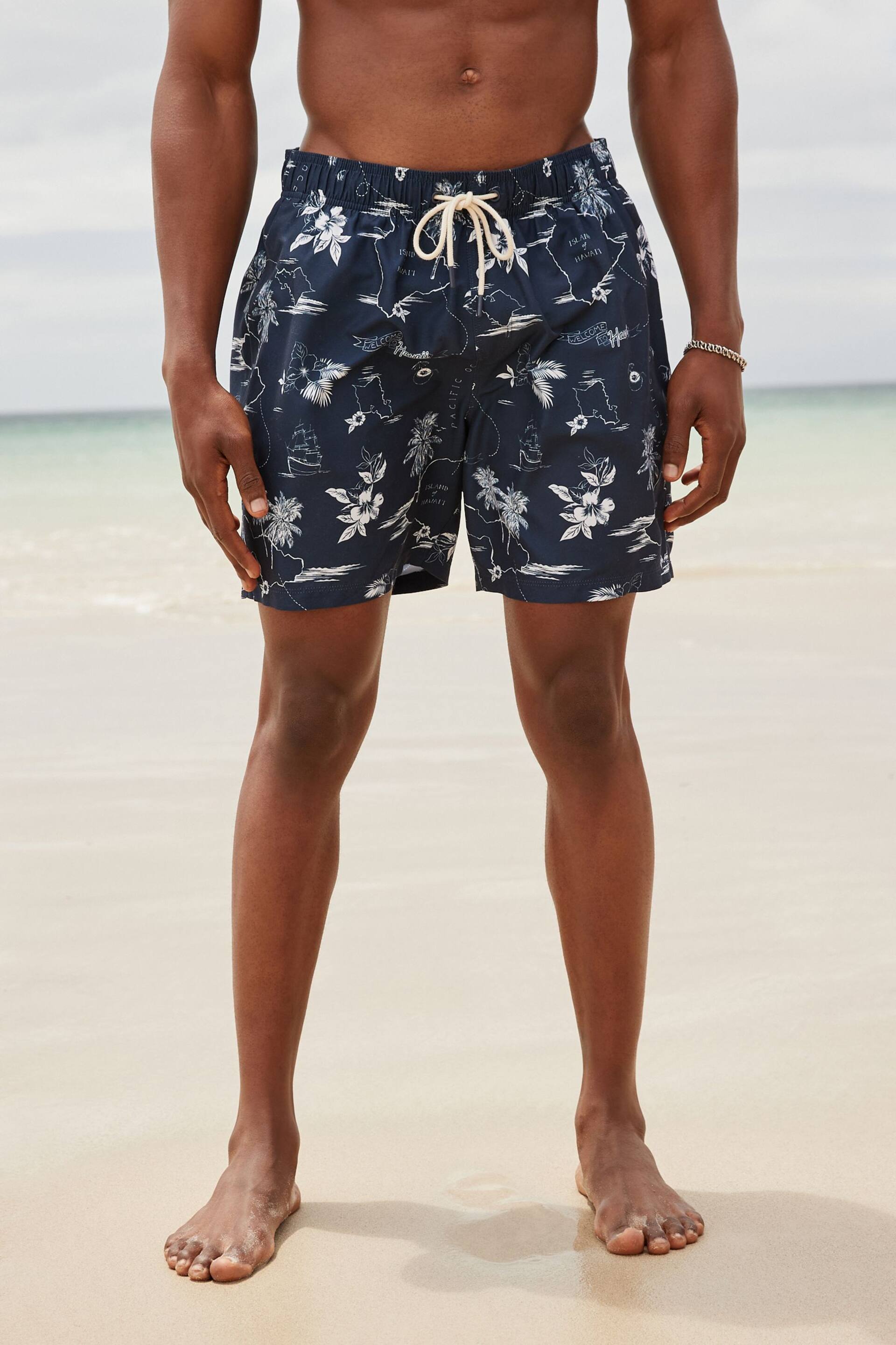 Navy Blue Hawaiian Relaxed Fit Printed Swim Shorts - Image 4 of 11