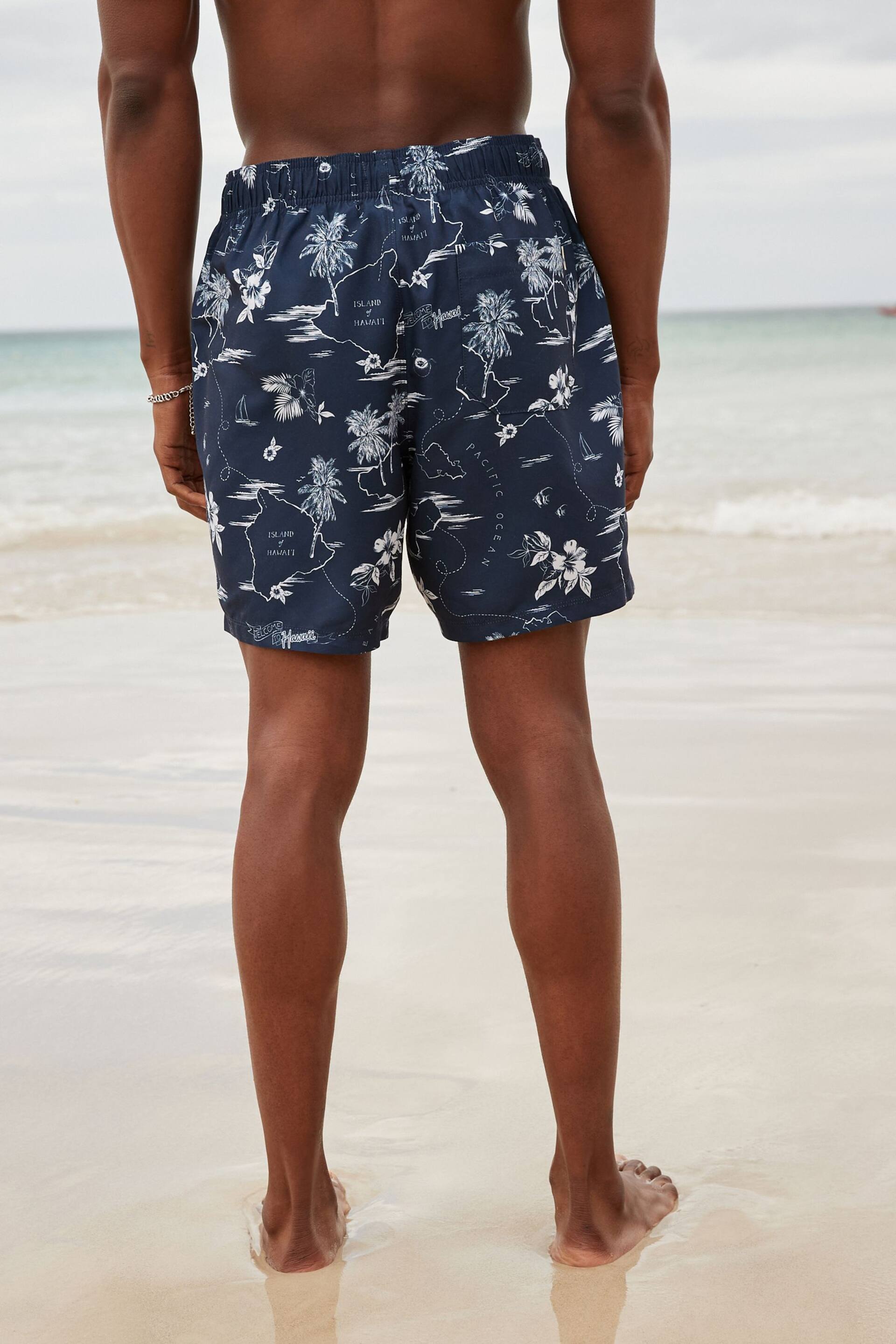 Navy Blue Hawaiian Relaxed Fit Printed Swim Shorts - Image 5 of 11