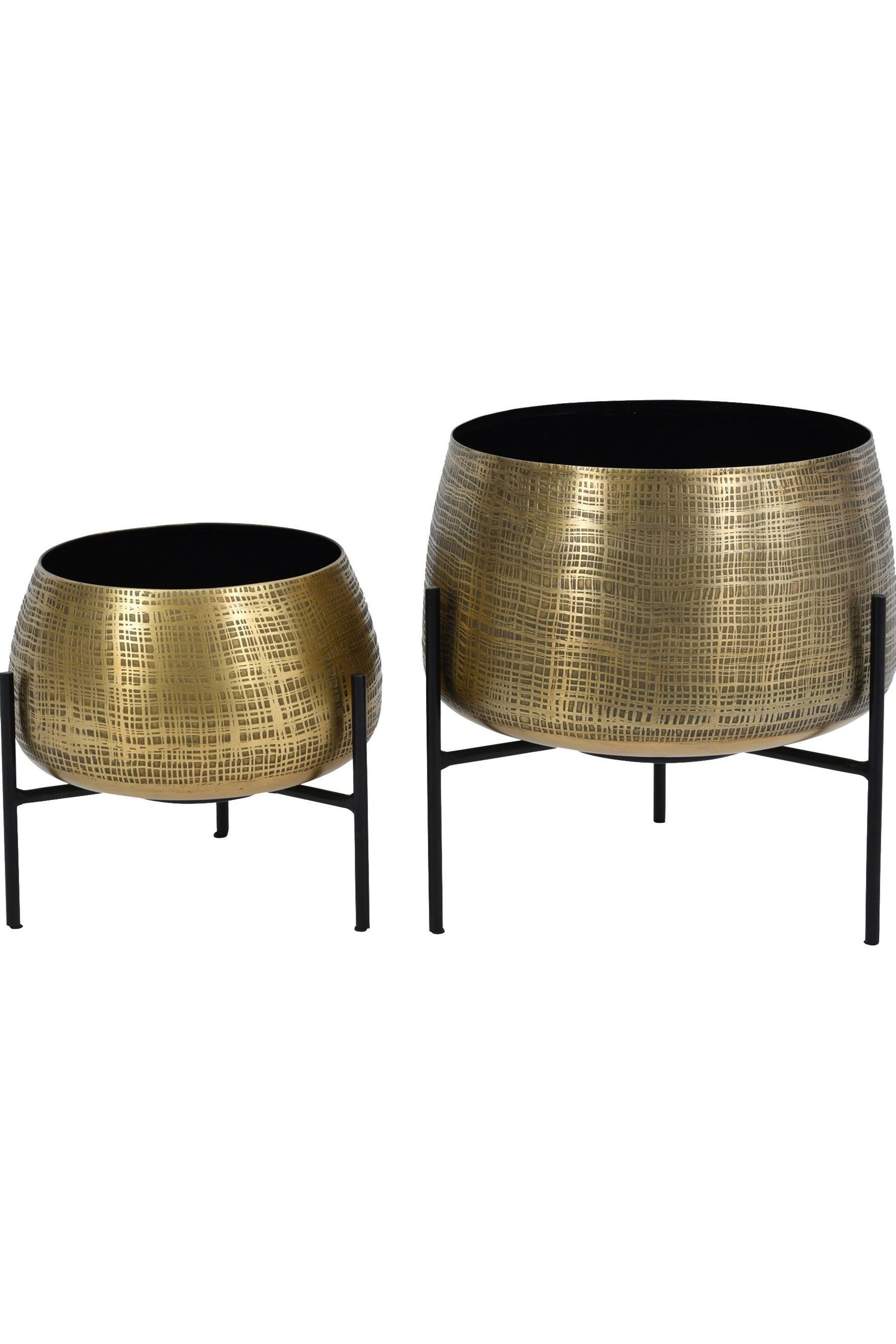 Libra Brass Clyde Tabletop Brass Set of 2 Planters on Black Stands - Image 2 of 4