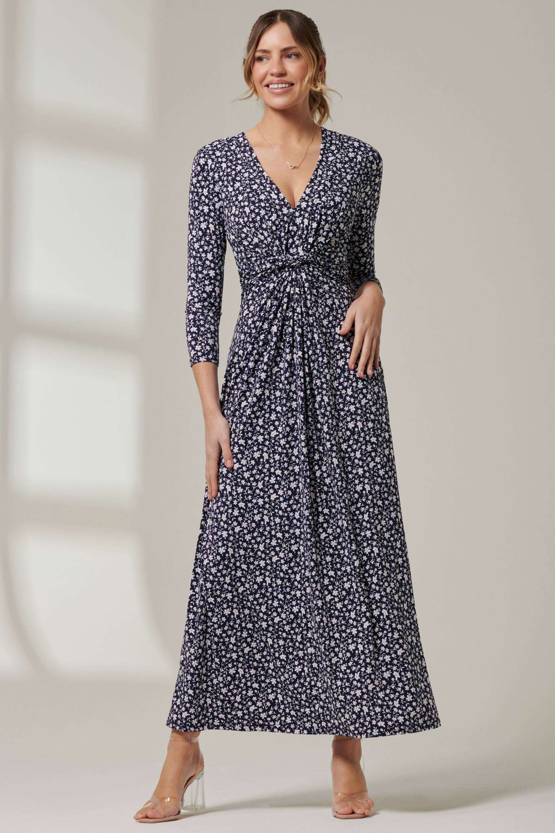 Jolie Moi Blue V-Neck 3/4 Sleeve Jersey Maxi Dress - Image 1 of 6