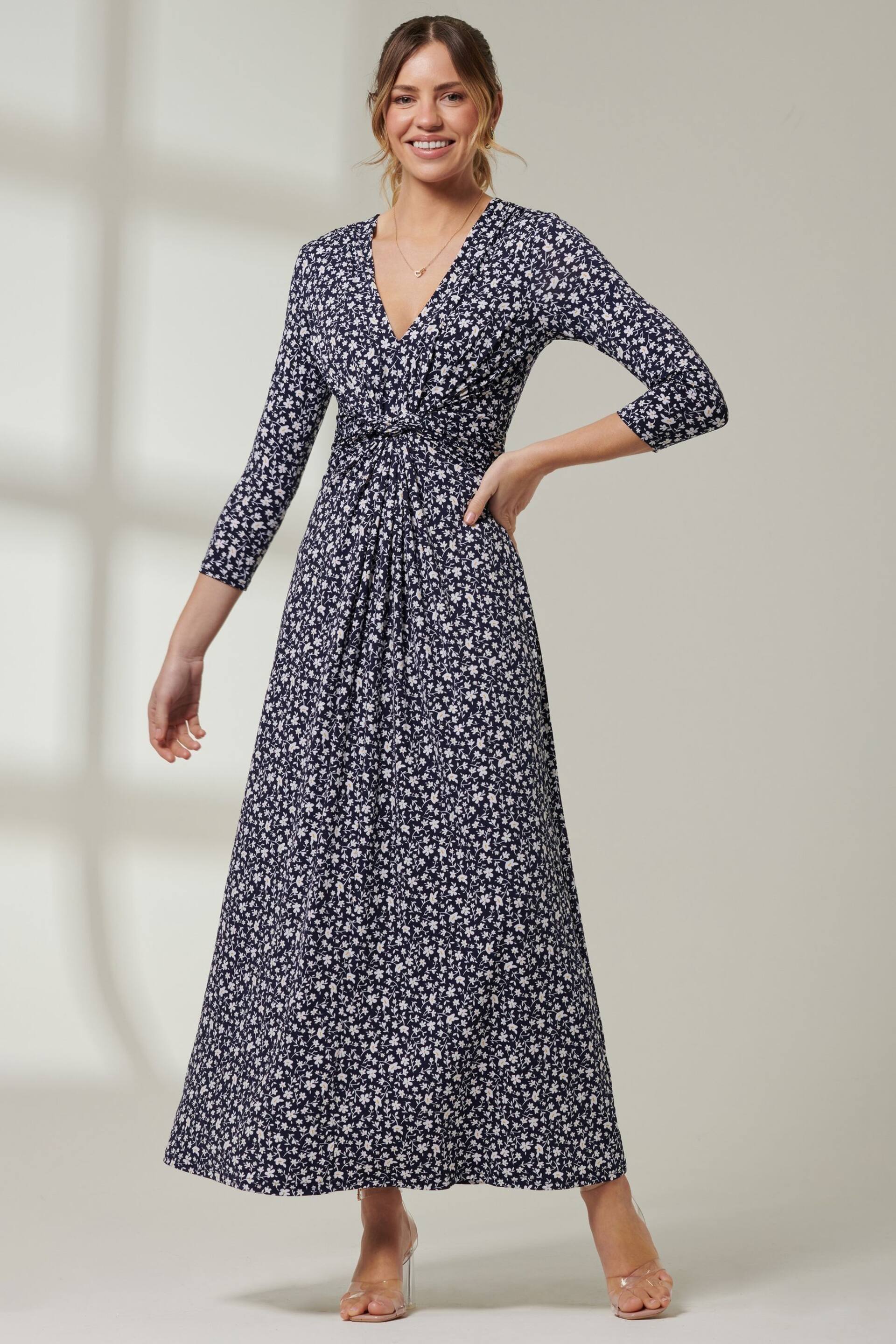 Jolie Moi Blue V-Neck 3/4 Sleeve Jersey Maxi Dress - Image 4 of 6