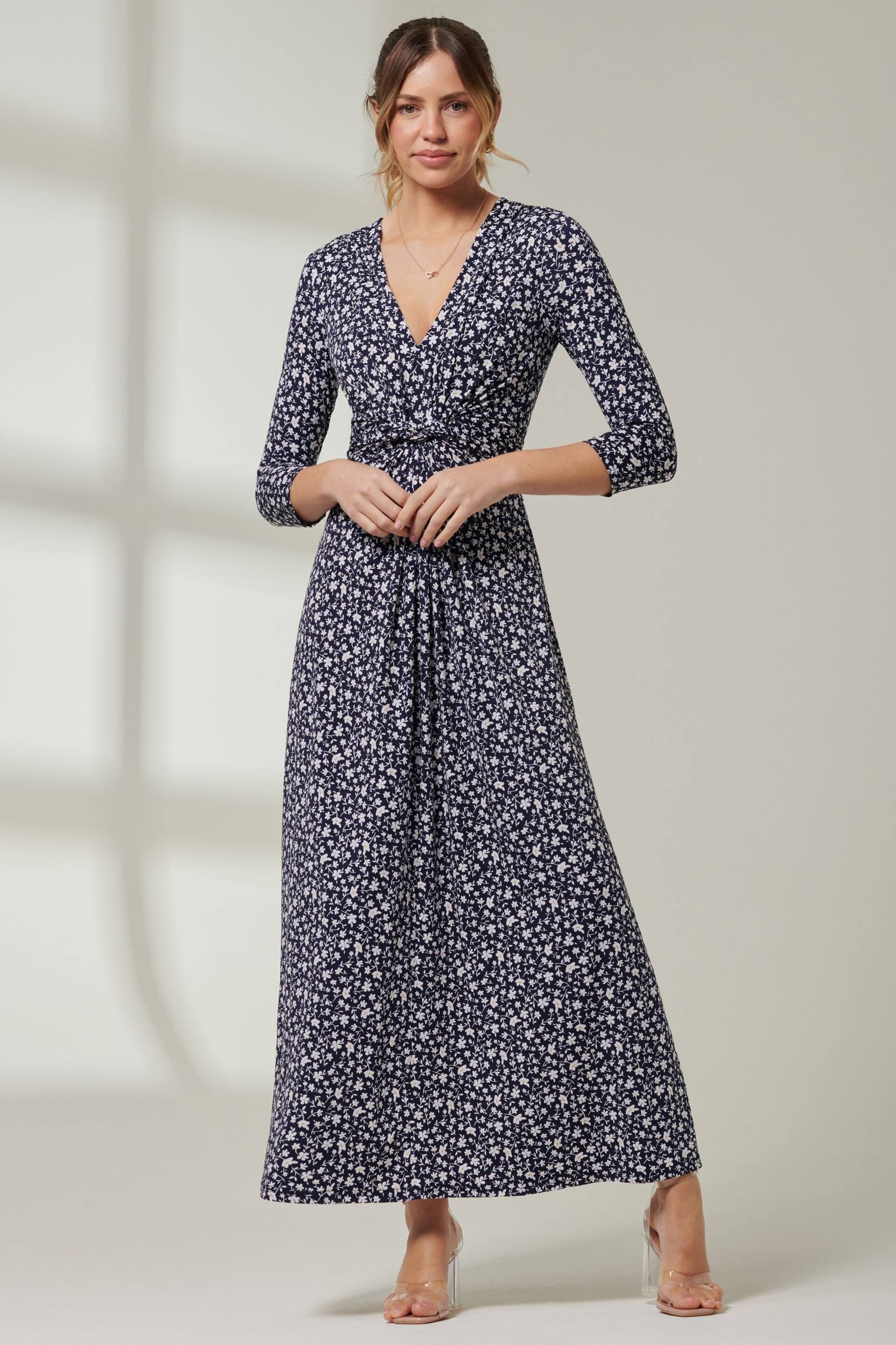 Jolie Moi Blue V-Neck 3/4 Sleeve Jersey Maxi Dress - Image 6 of 6
