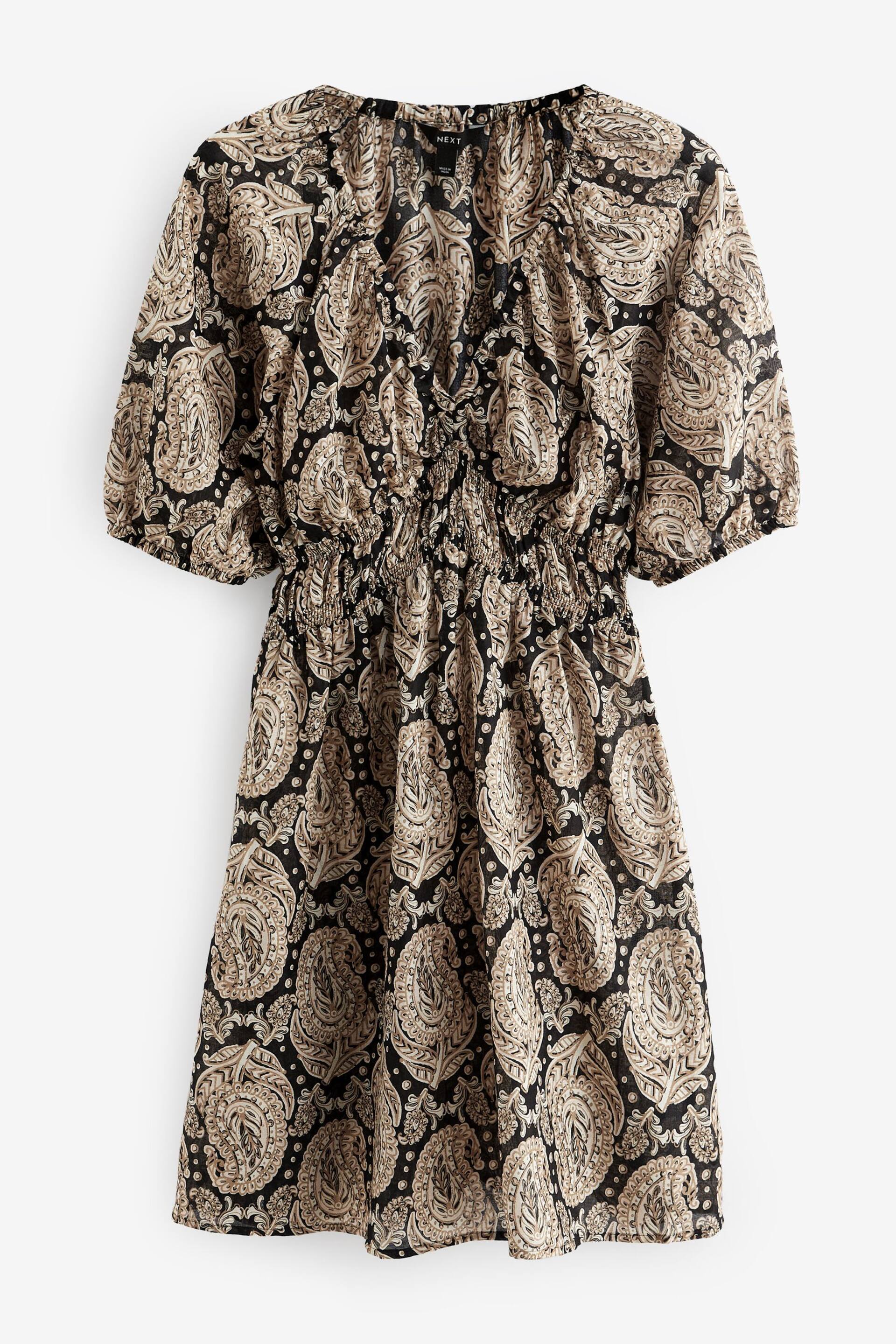Black/Brown Paisley Print Shirred Waist Mini Dress - Image 5 of 6