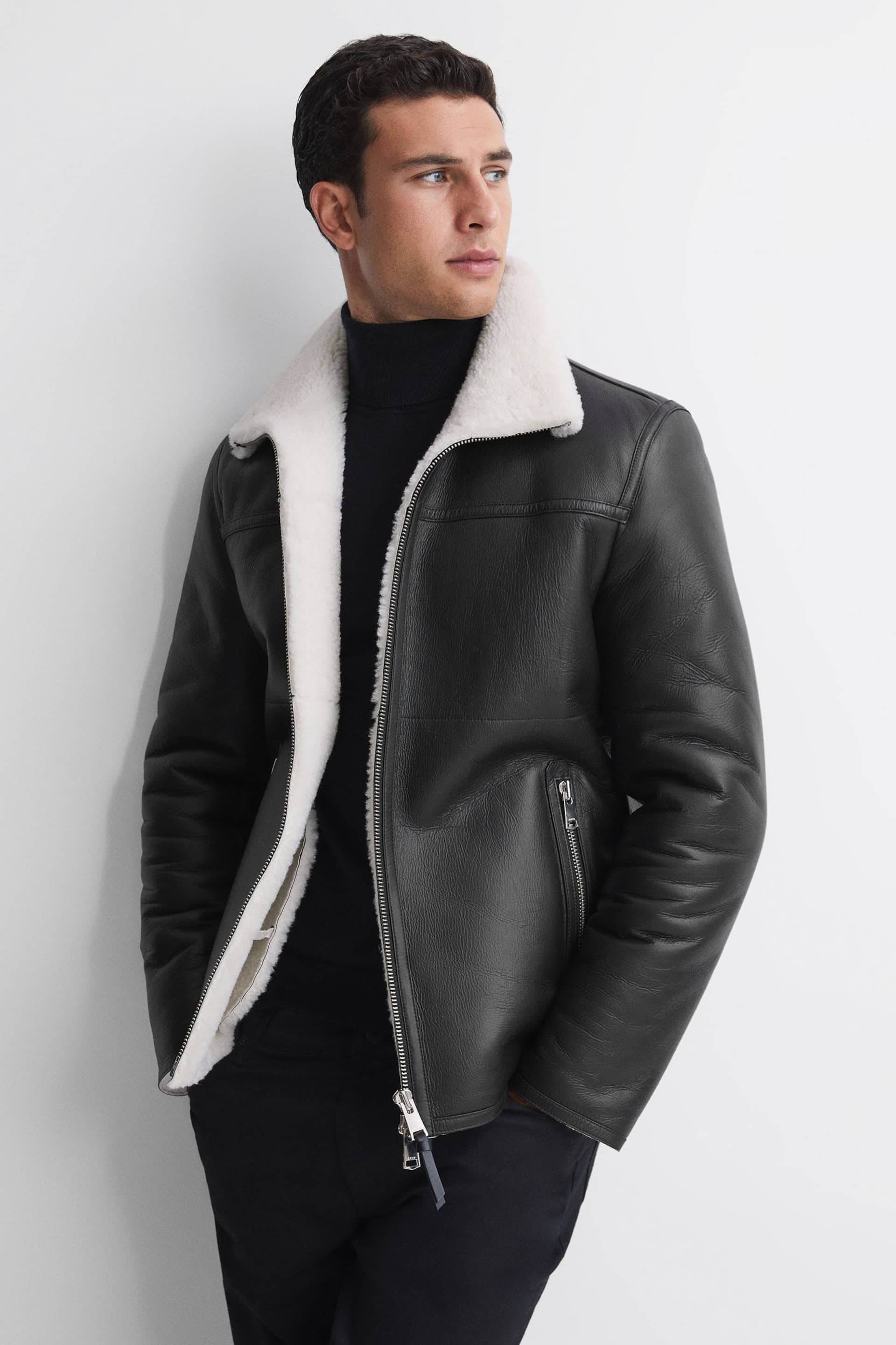 Reiss Black Brankos Leather Sheepskin Jacket - Image 3 of 6
