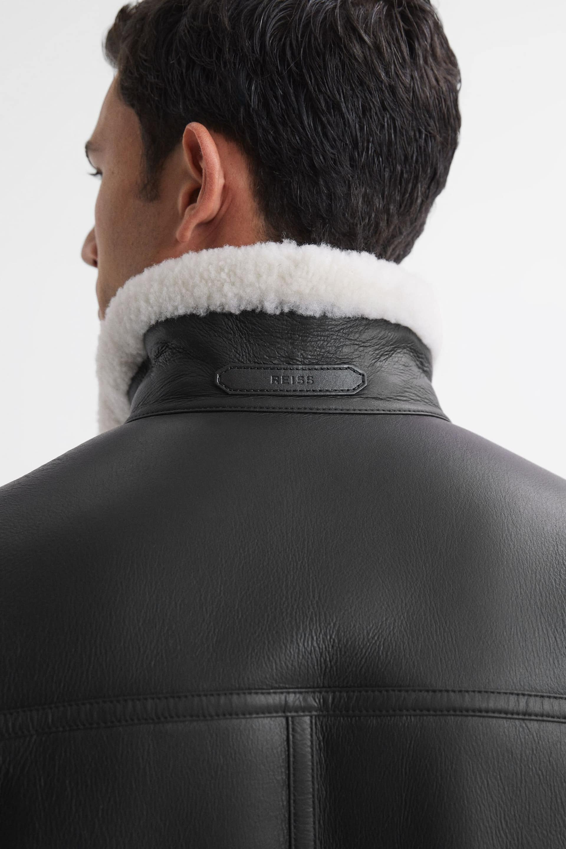 Reiss Black Brankos Leather Sheepskin Jacket - Image 4 of 6