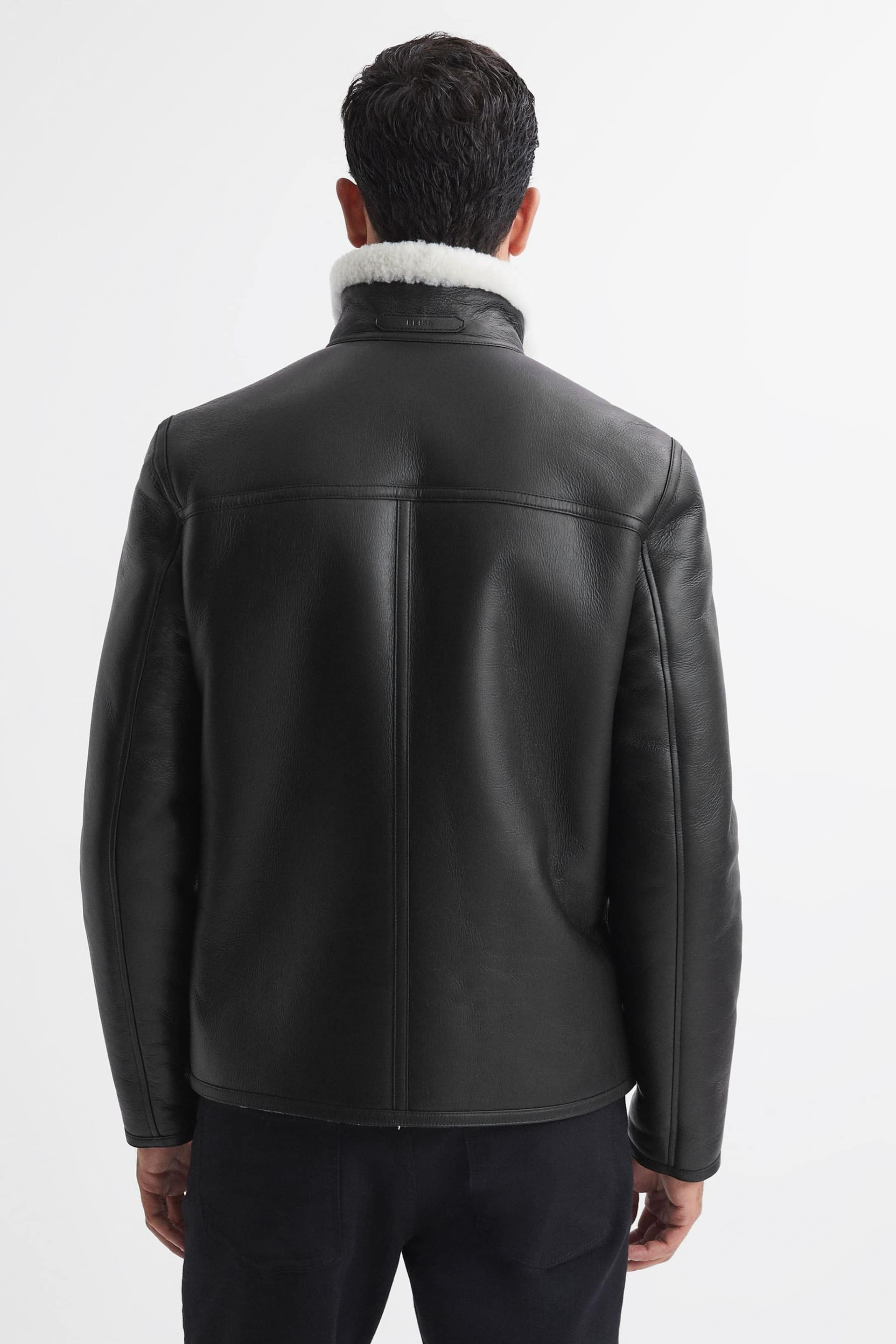 Reiss Black Brankos Leather Sheepskin Jacket - Image 6 of 6