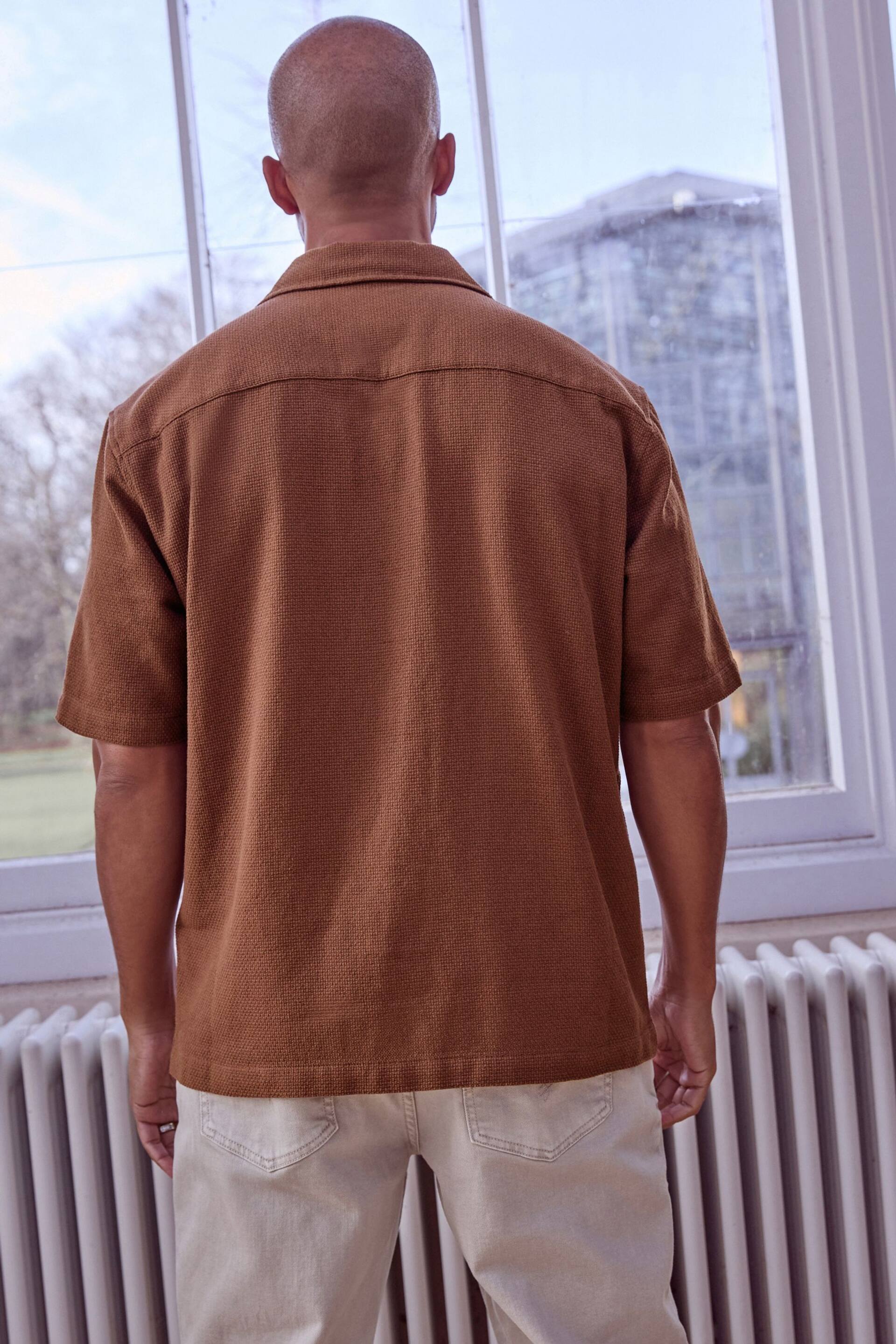 Brown Textured Short Sleeve Cuban Collar Shirt - Image 3 of 7