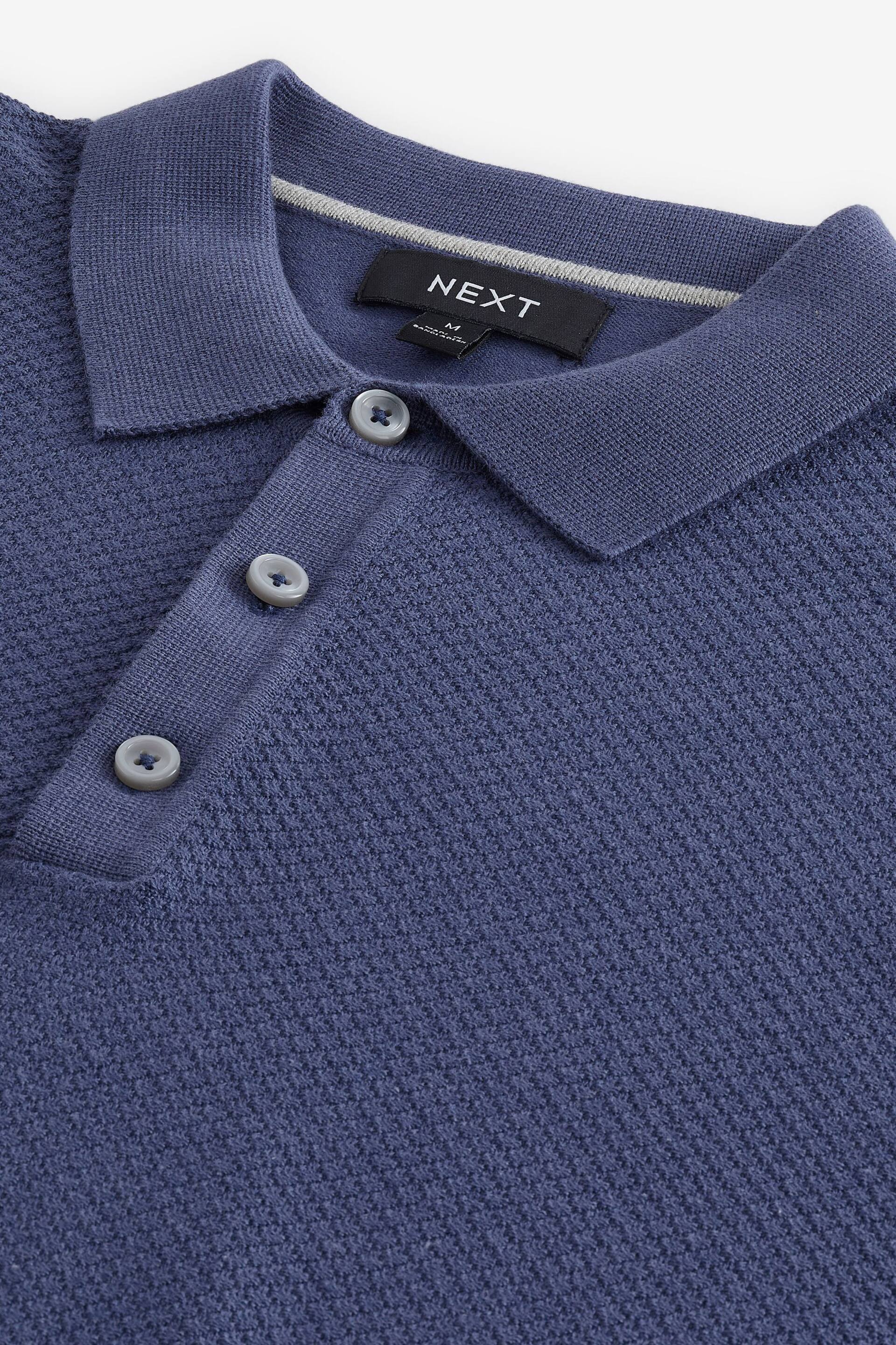 Mid Blue Knitted Bubble Textured Regular Fit Polo Shirt - Image 4 of 4