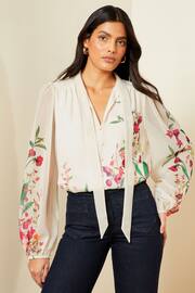 V&A | Love & Roses Ivory White Printed Pussy Bow V Neck Button Through Long Sleeve Blouse - Image 1 of 4