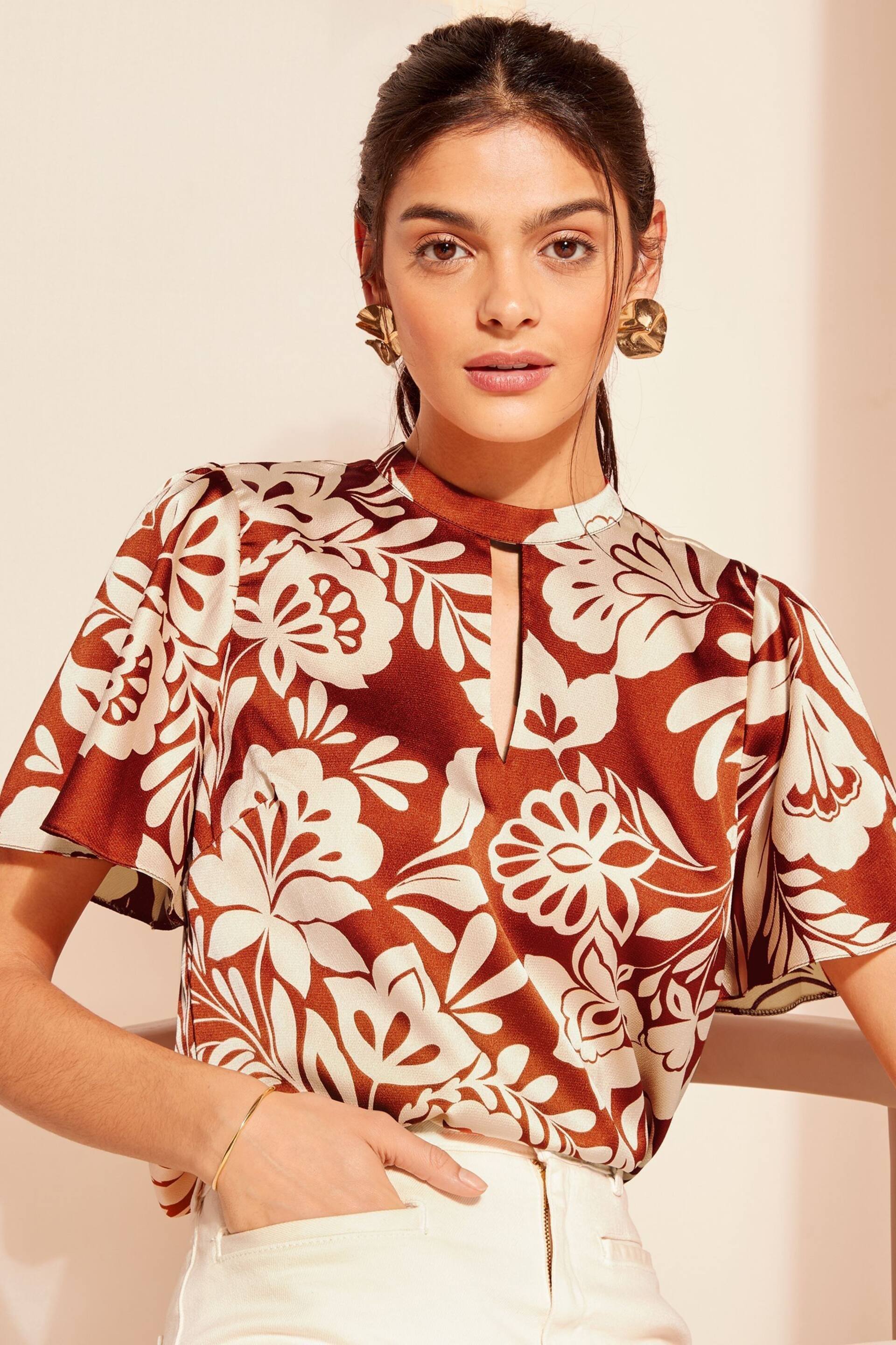 Friends Like These Red Floral Printed Flutter Sleeve Keyhole Blouse - Image 1 of 4