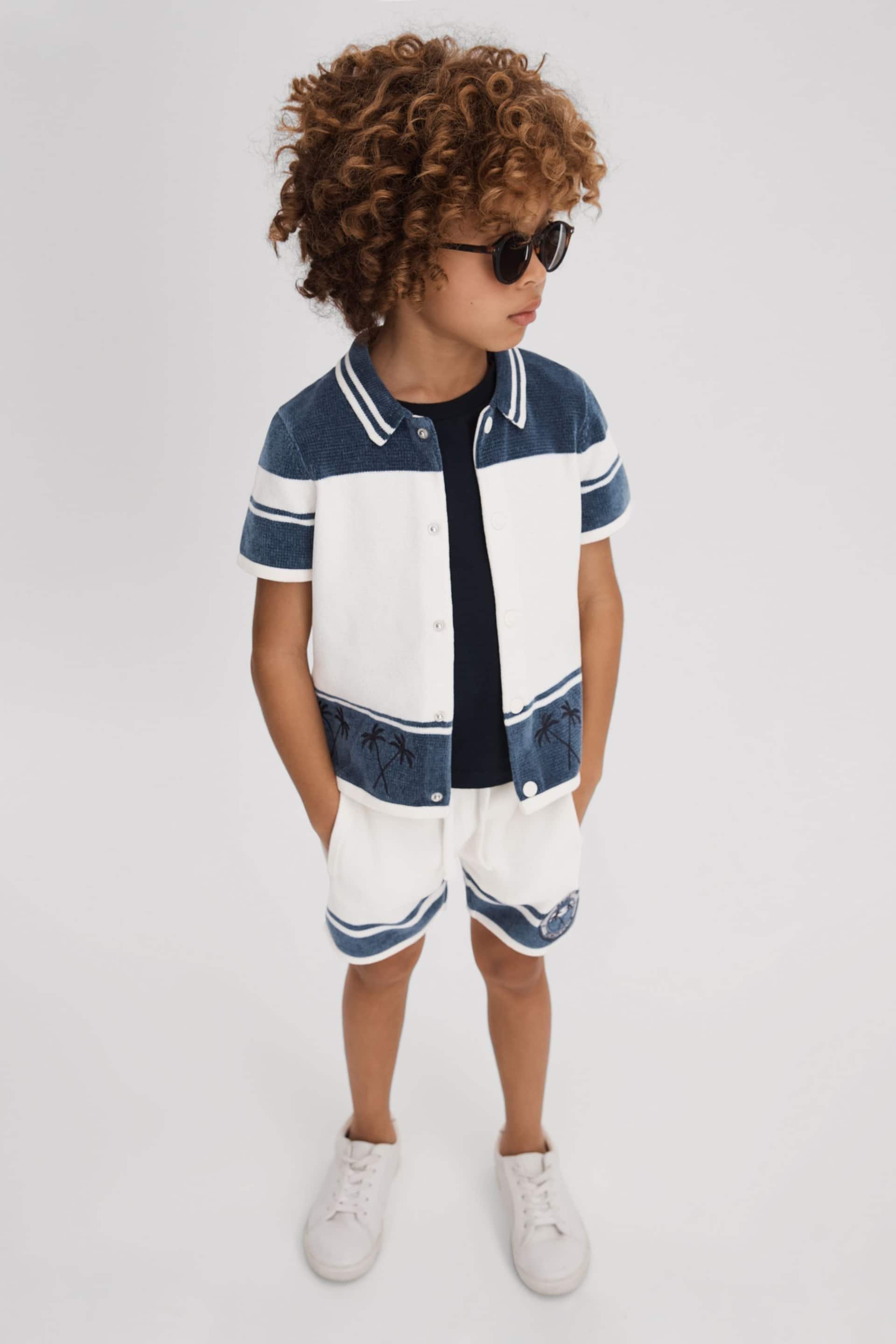 Reiss Optic White/Airforce Blue Bowler Junior Velour Embroidered Striped Shirt - Image 1 of 4