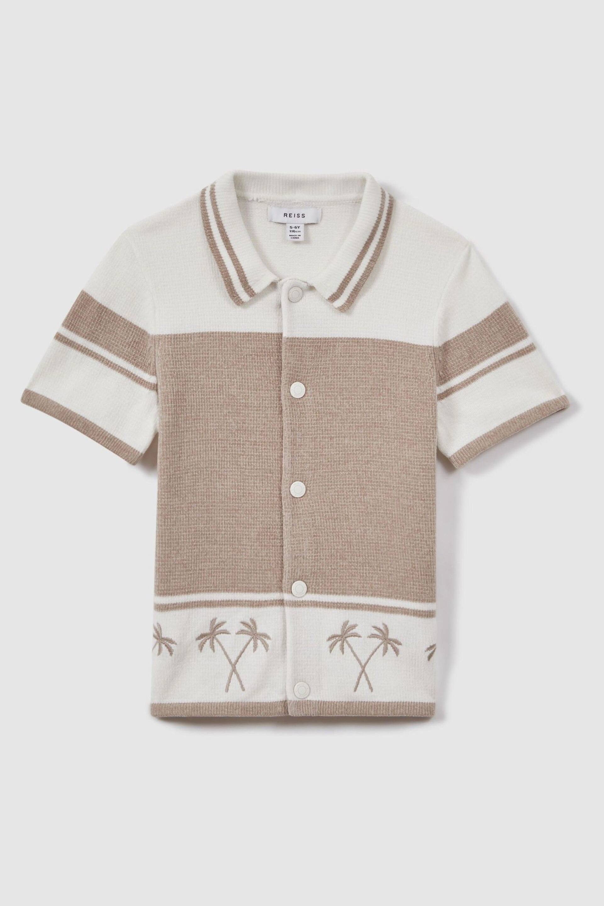 Reiss Taupe/Optic White Bowler Junior Velour Embroidered Striped Shirt - Image 2 of 4