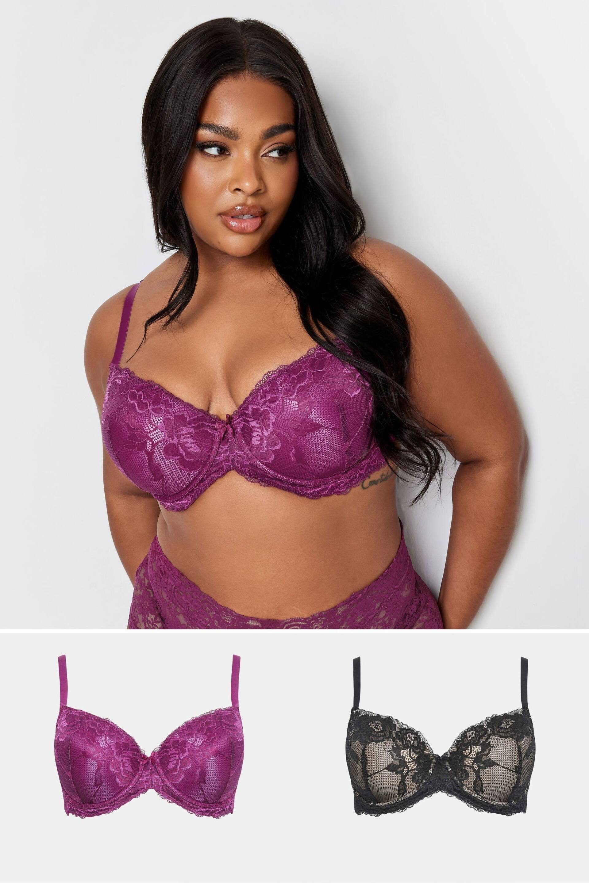 Yours Curve Purple & Black Satin Lace Padded Bras 2 Pack - Image 1 of 5