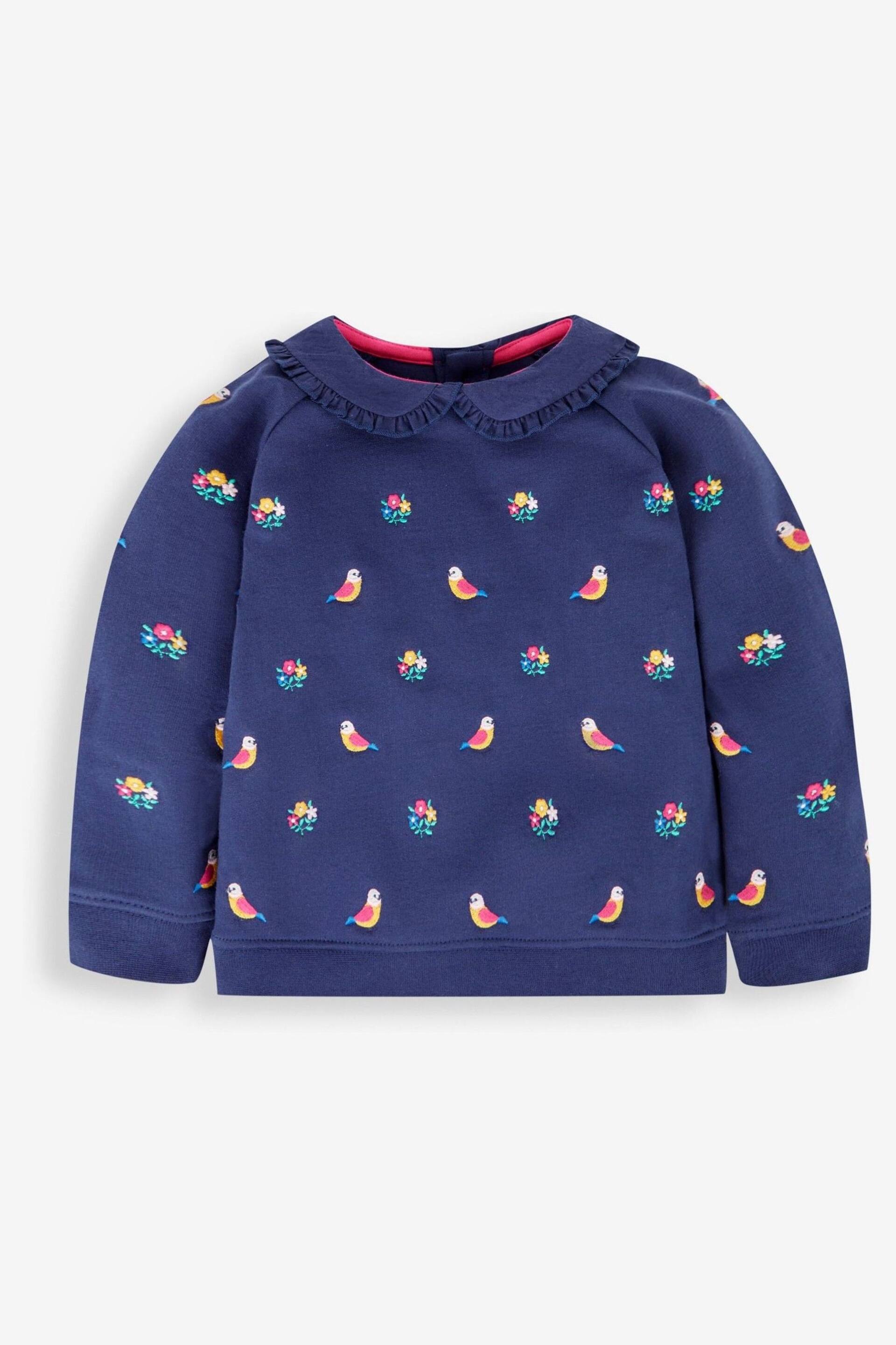 JoJo Maman Bébé Navy Blue Bird Embroidered Sweatshirt With Collar - Image 1 of 2