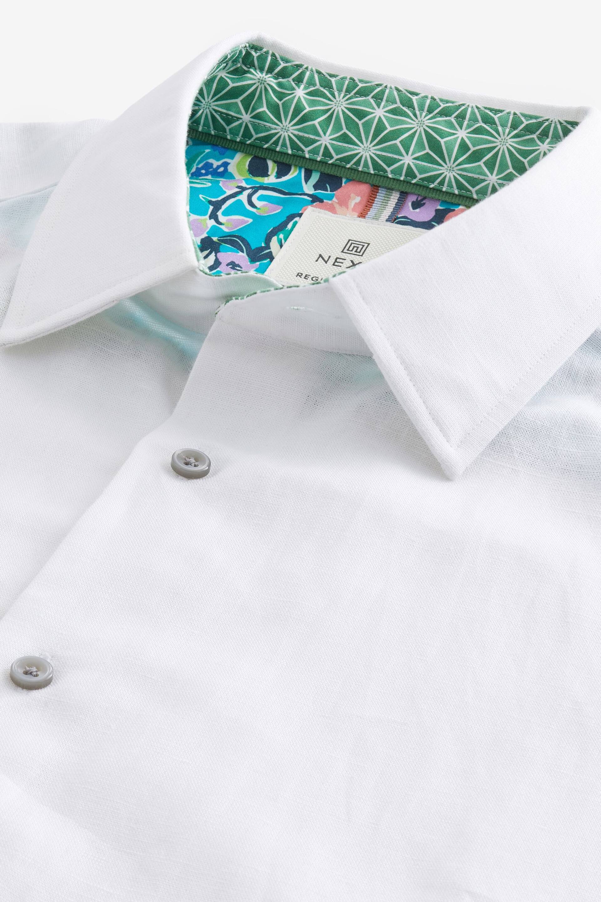 White Slim Fit Trimmed Linen Blend Short Sleeve Shirt - Image 6 of 7