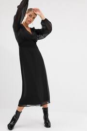 Black Long Sleeve Sheer Layer Midi Dress - Image 2 of 6