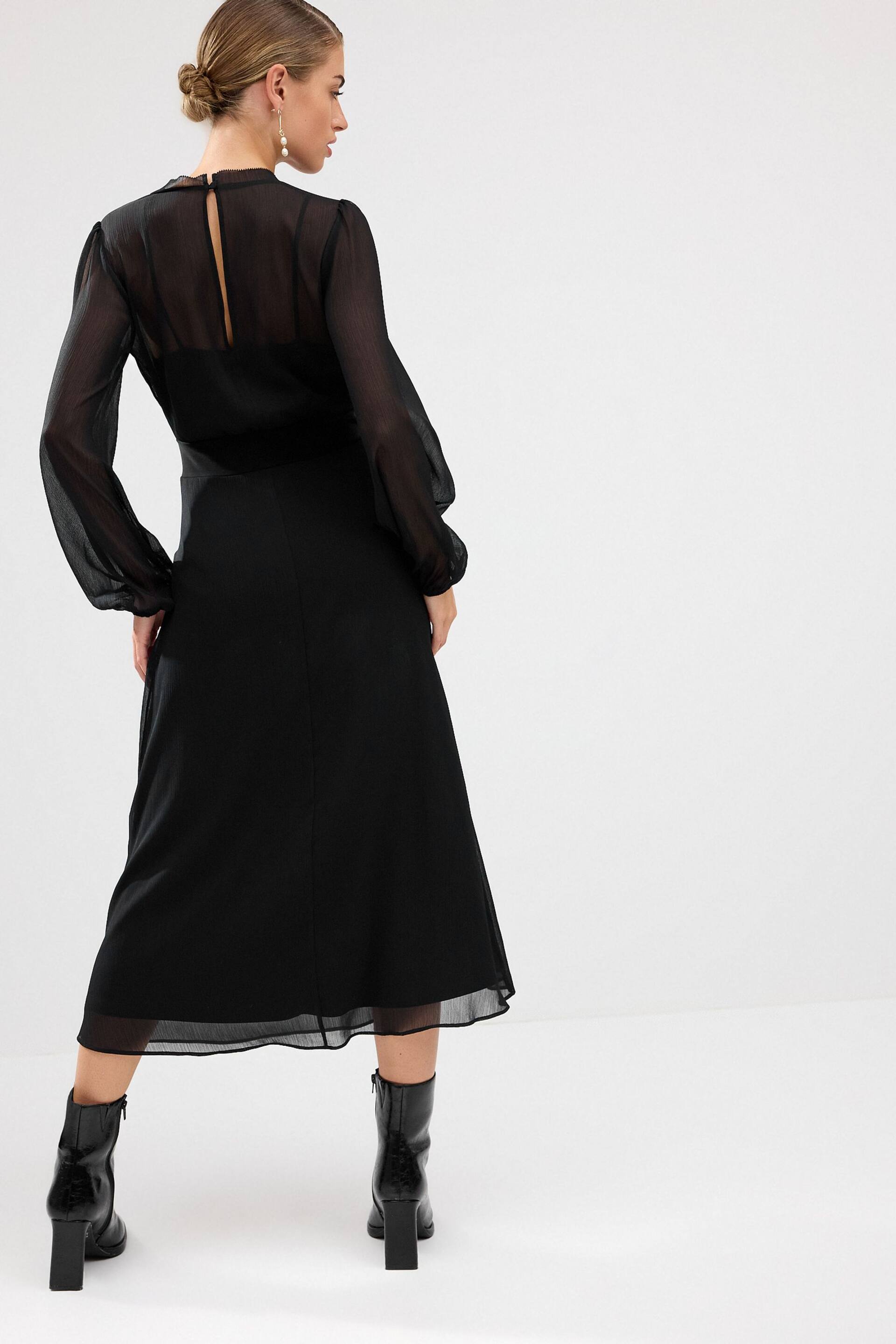 Black Long Sleeve Sheer Layer Midi Dress - Image 3 of 6