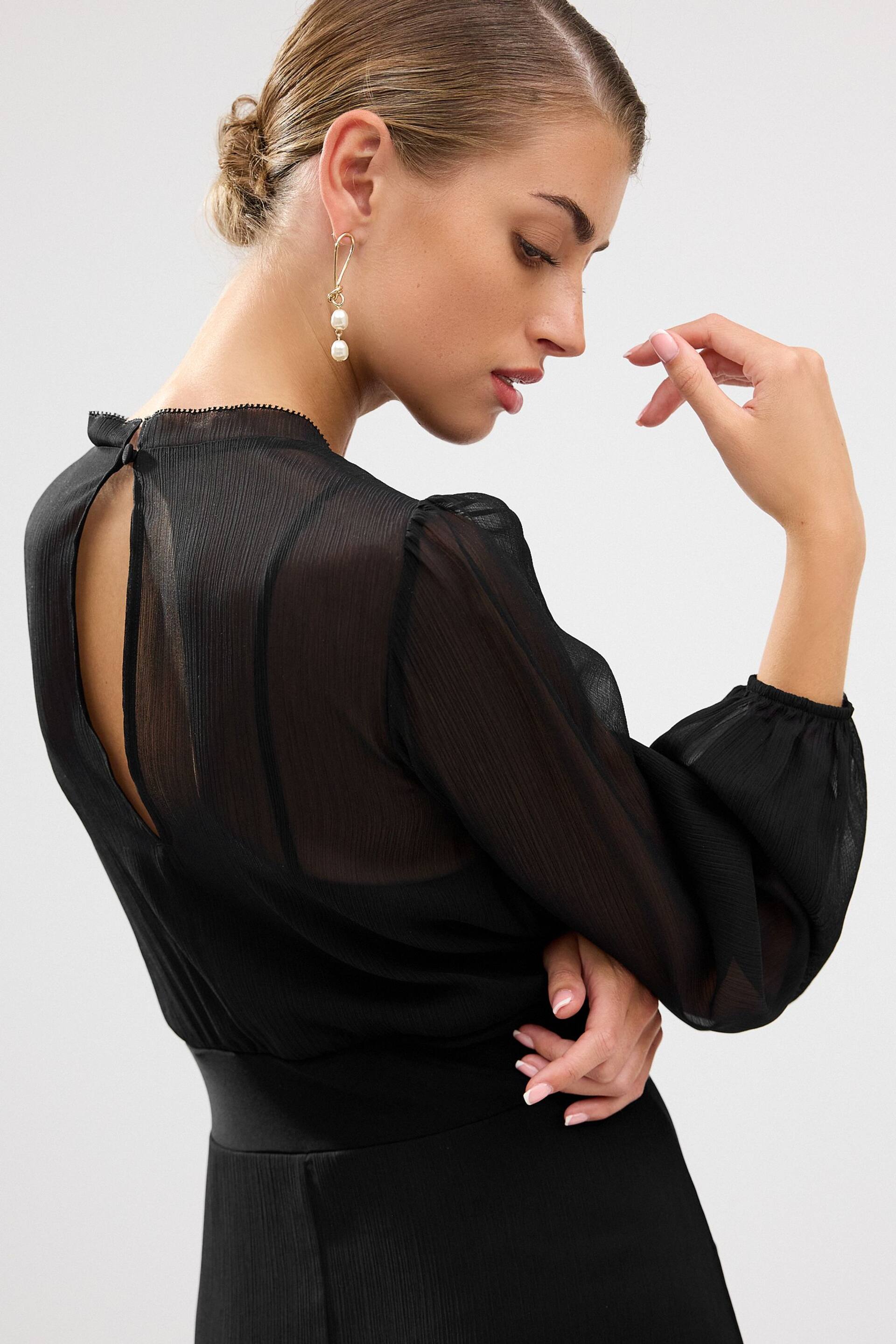 Black Long Sleeve Sheer Layer Midi Dress - Image 4 of 6