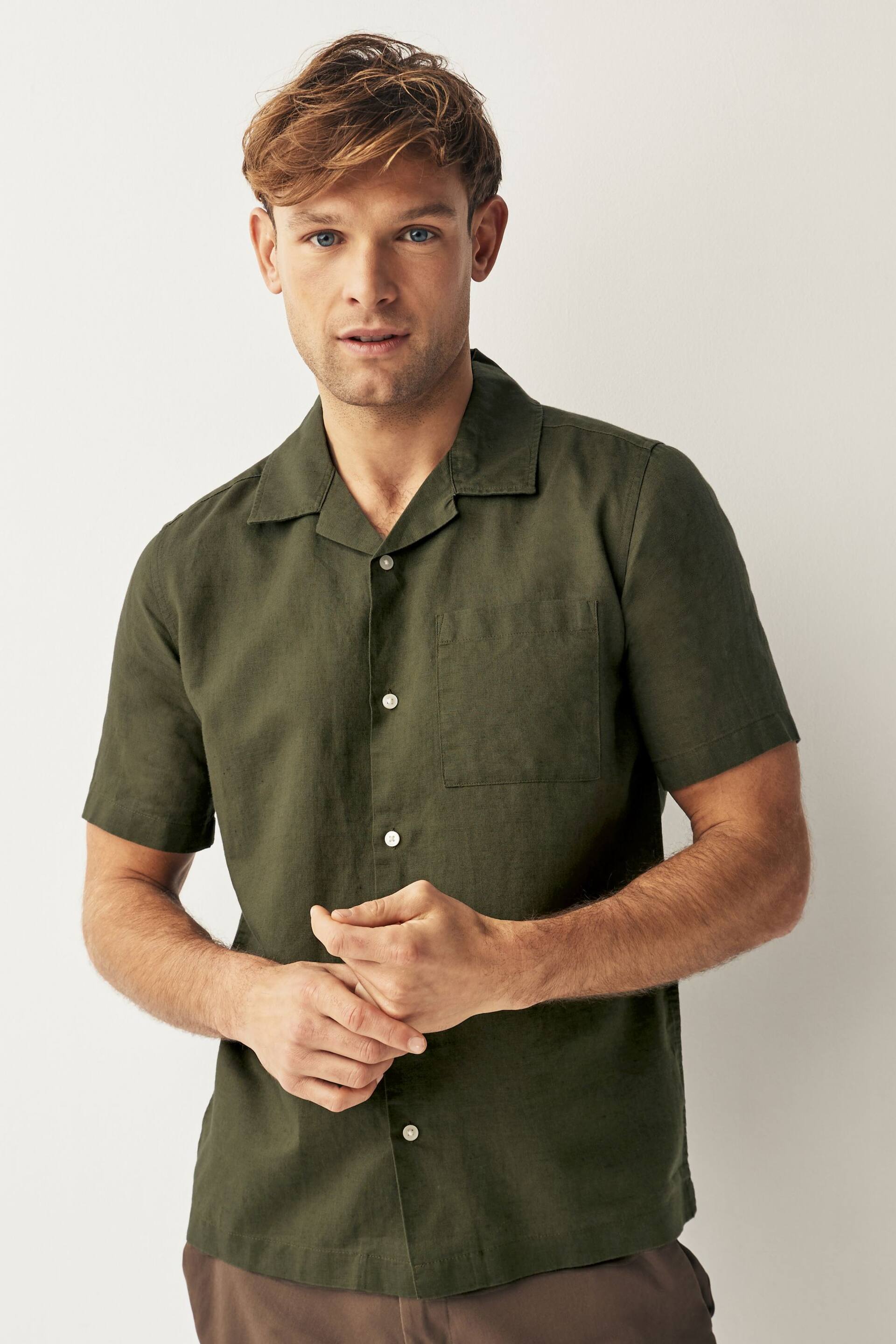 Green Cuban Collar Linen Blend Short Sleeve Shirt - Image 1 of 7