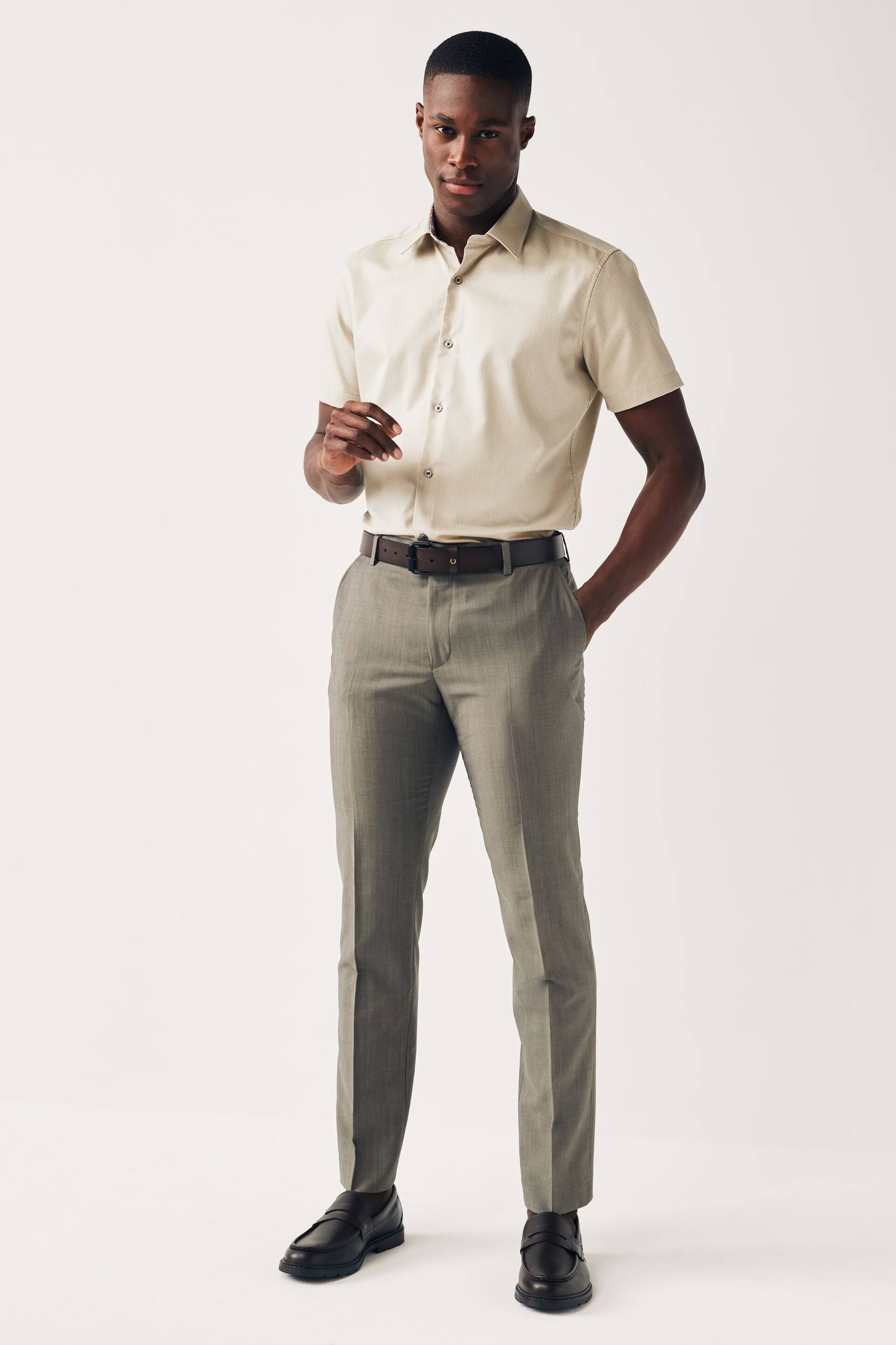 Neutral Brown Slim Fit Trimmed Formal Short Sleeve Shirt - Image 3 of 7