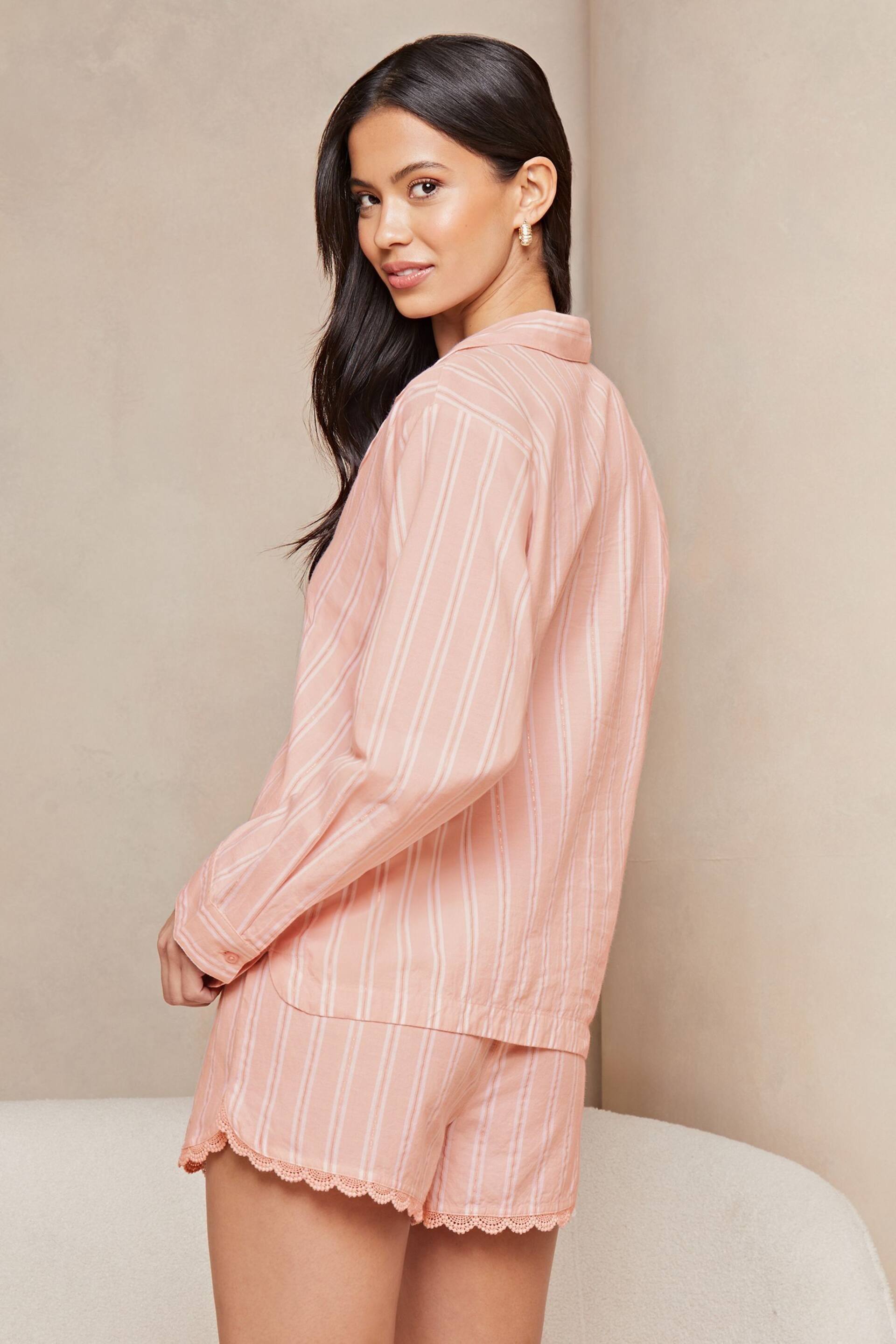 Lipsy Pink Metallic Stripe Long Sleeve Shorts Pyjamas - Image 1 of 3