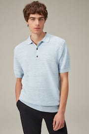 Blue Texture Linen Blend Knitted Polo Shirt - Image 2 of 3