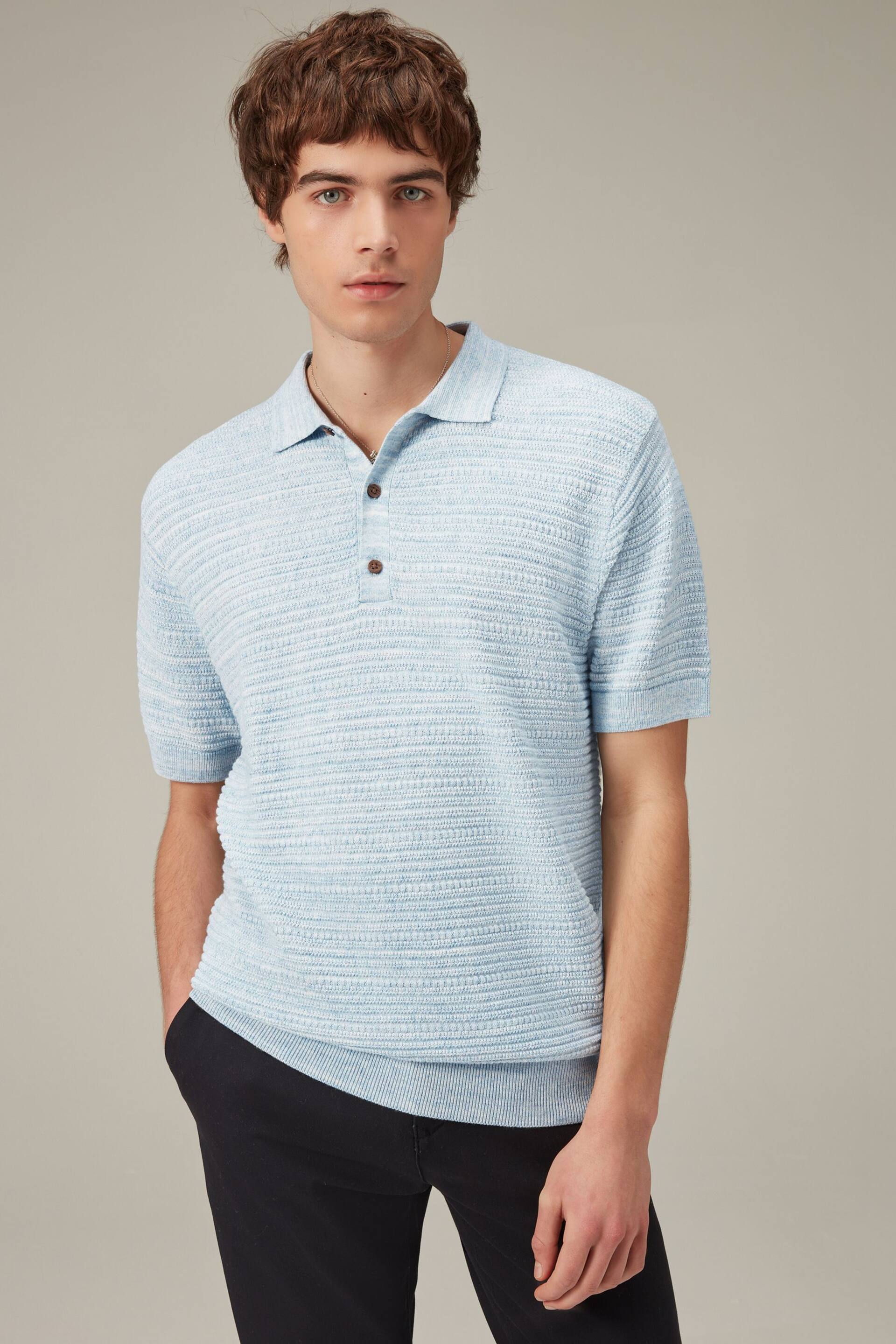 Blue Texture Linen Blend Knitted Polo Shirt - Image 2 of 3