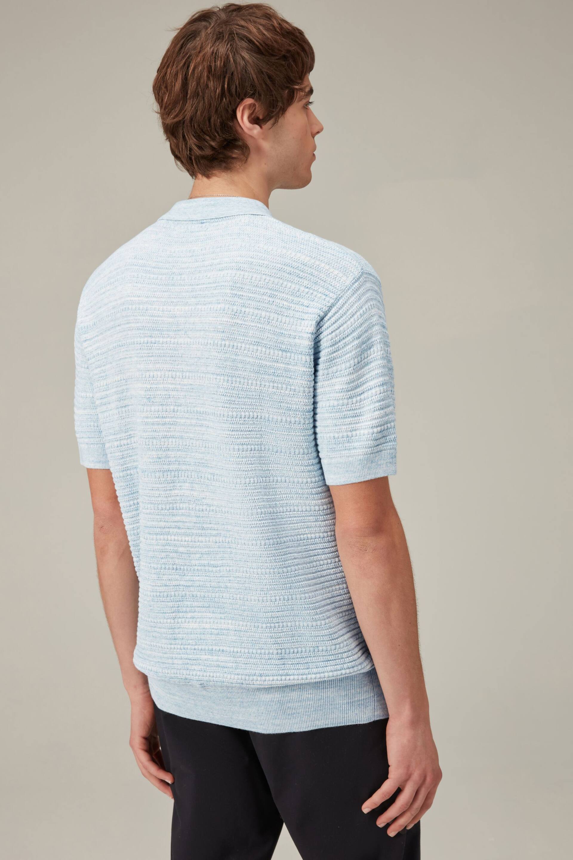 Blue Texture Linen Blend Knitted Polo Shirt - Image 3 of 3