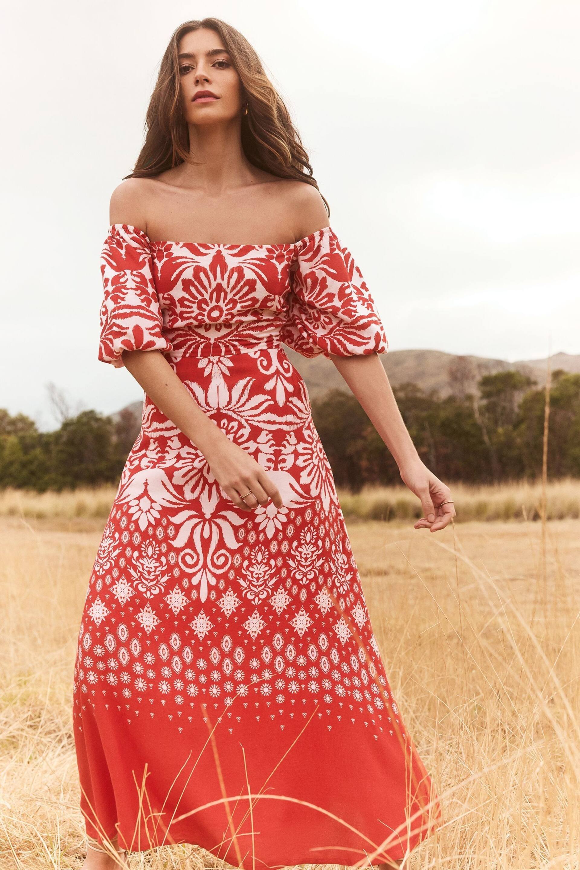 Lipsy Red Puff Sleeve Square Neck Midaxi Linen Look Dress - Image 4 of 4