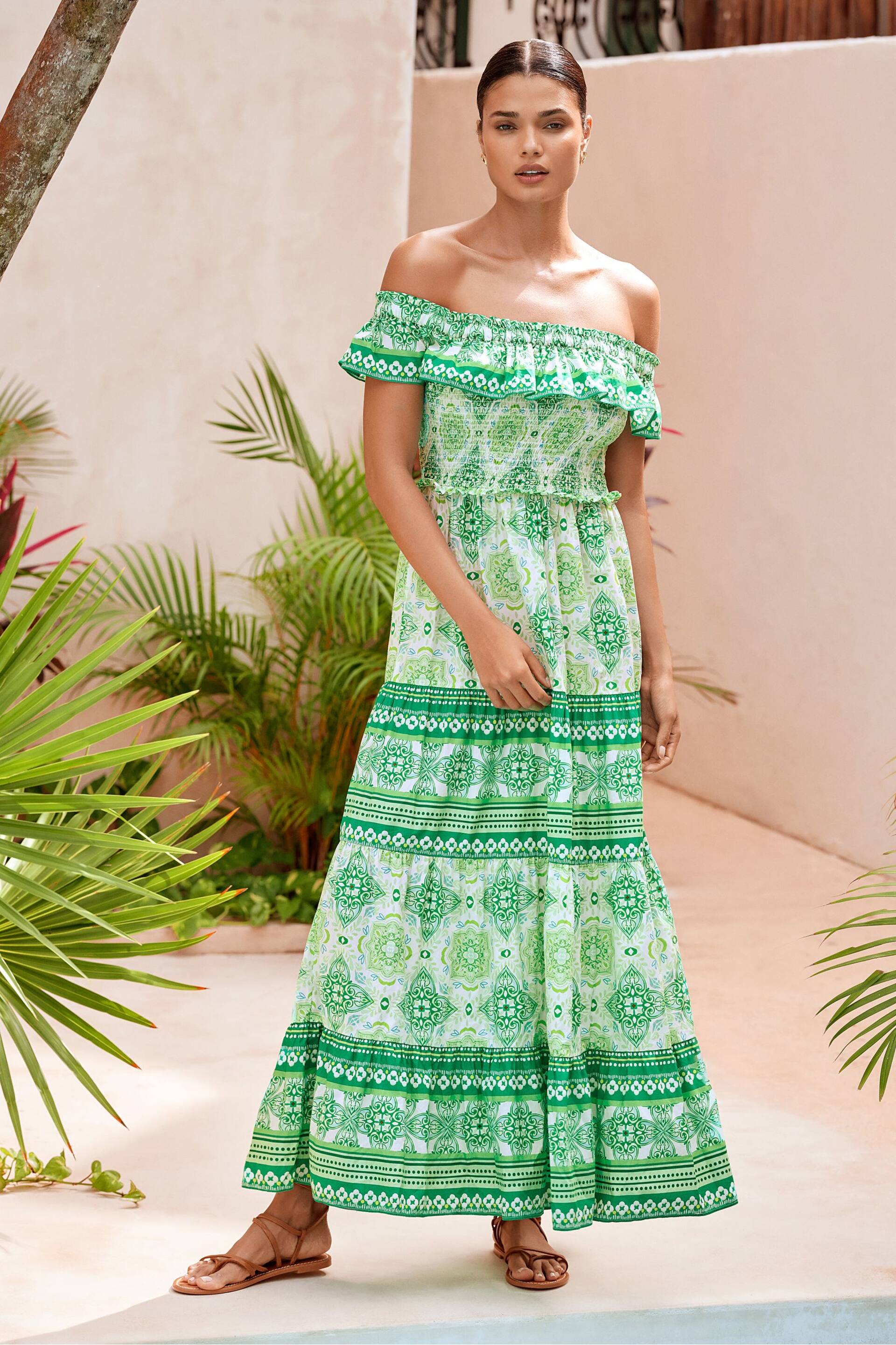 Lipsy Green Shirred Bardot Tiered Maxi Holiday Dress - Image 1 of 4